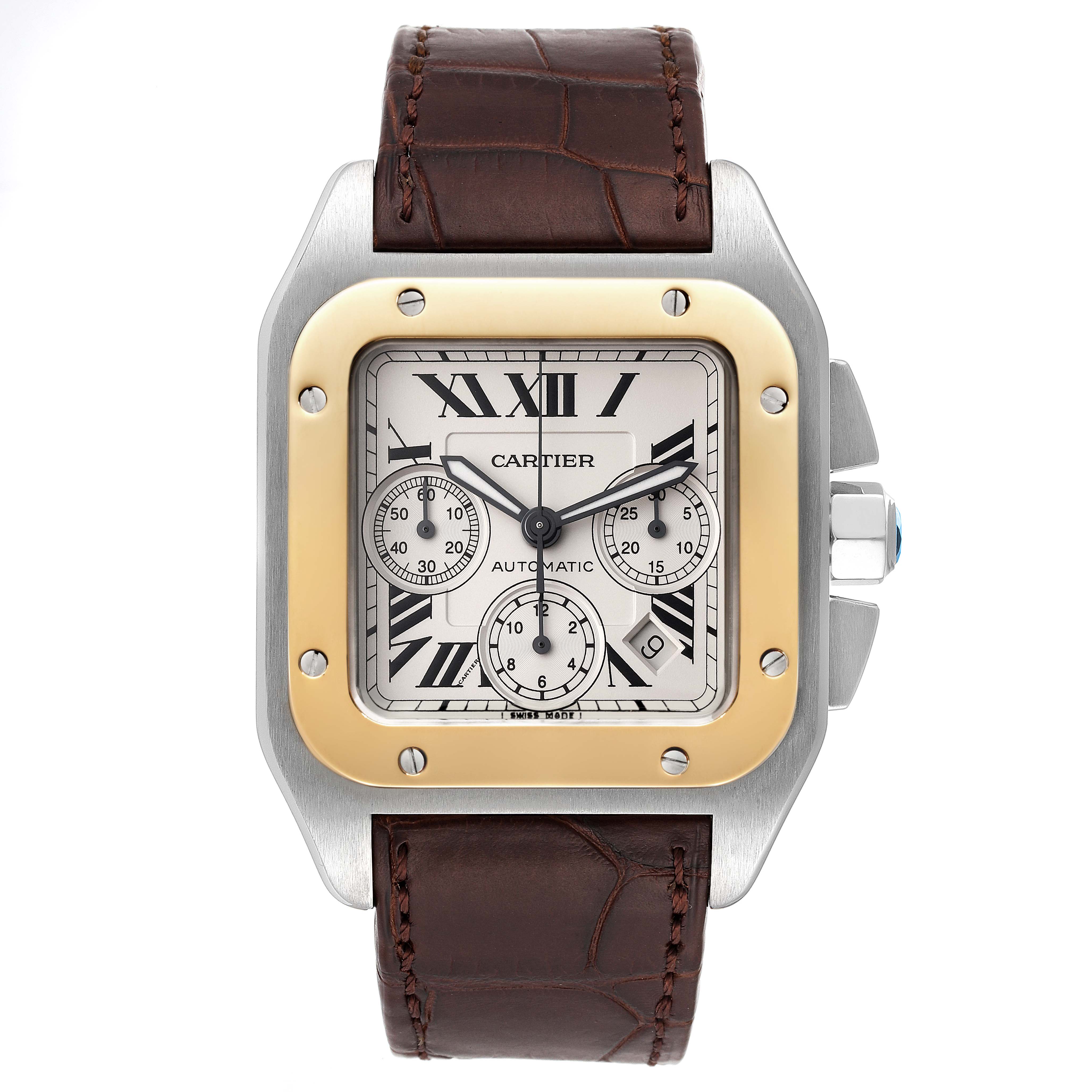 This image shows a Cartier Santos W20091X7 Men's Steel and Gold (two tone) Silver Dial W20091X7 Men's Steel and Gold (two tone) Silver Dial watch from a front angle, highlighting its dial, bezel, and leather strap.