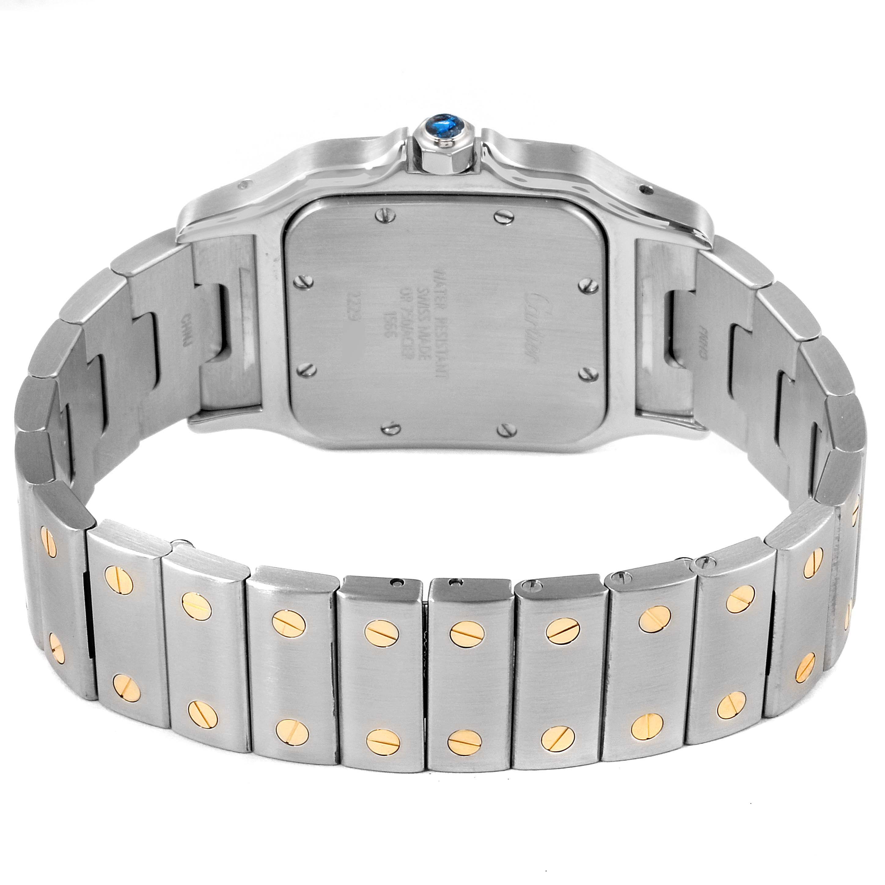 The image shows the back view of a Cartier Santos 1566 Men's Steel and Gold (two tone) Grey Dial 1566 Men's Steel and Gold (two tone) Grey Dial watch, highlighting the case back and the metal bracelet.