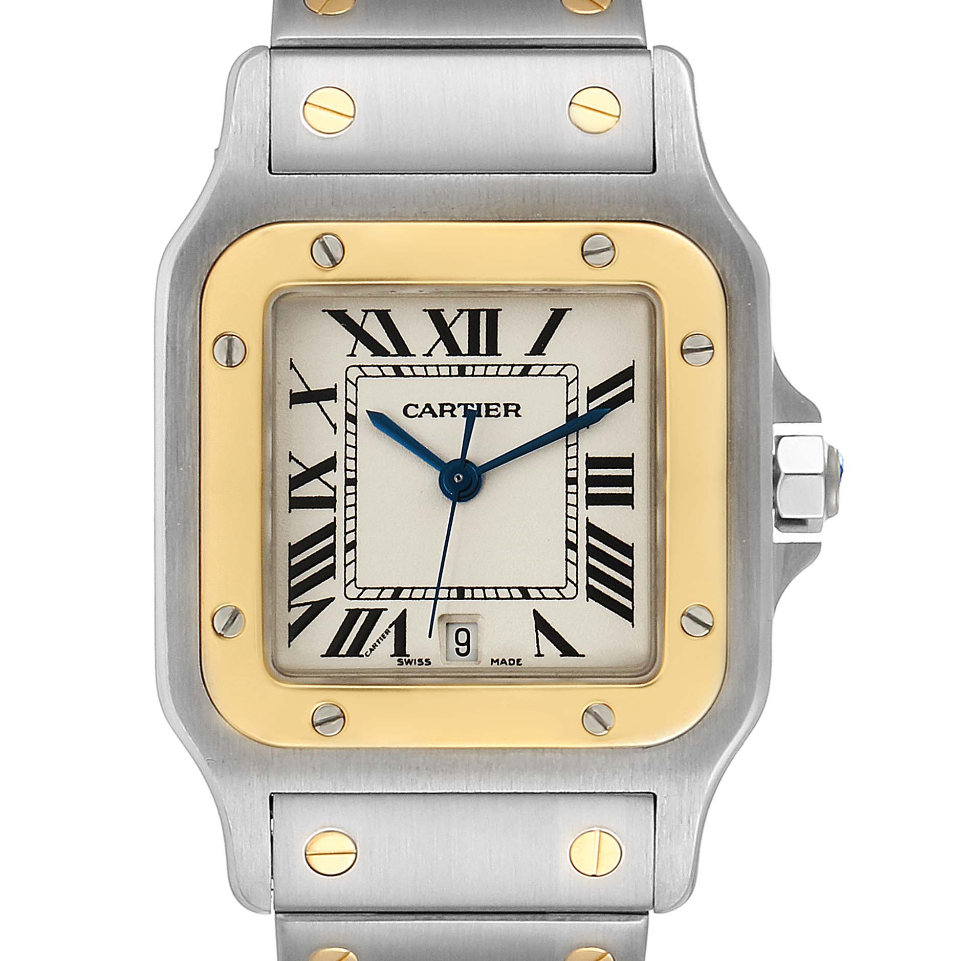 The image shows a front view of the Santos by Cartier watch, highlighting its dial, bezel, bracelet, and crown.
