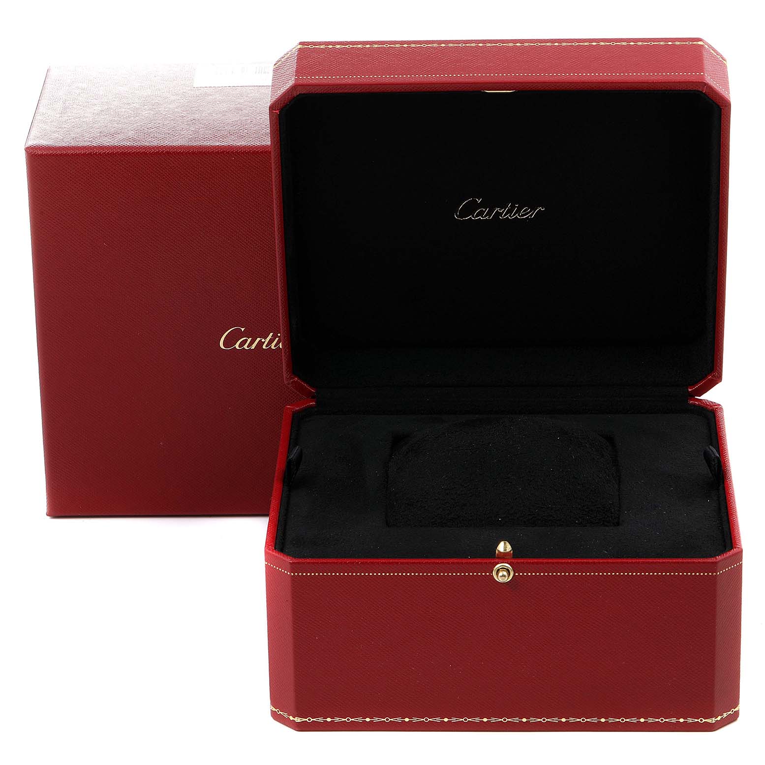 The image shows an open red presentation box for a Santos model watch by Cartier, revealing a black interior.