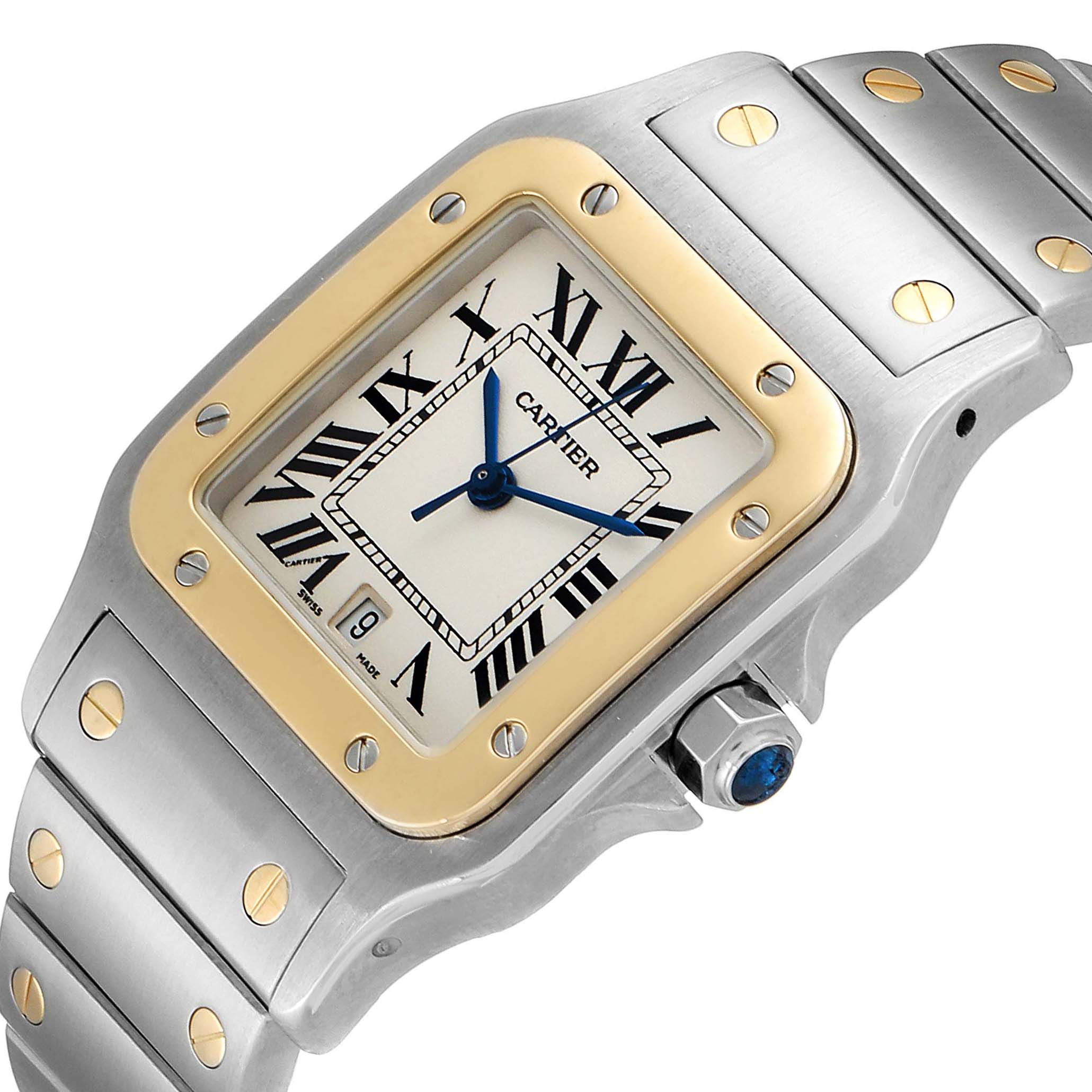 This image shows a close-up angle of the Cartier Santos 1566 Men's Steel and Gold (two tone) Grey Dial 1566 Men's Steel and Gold (two tone) Grey Dial watch, highlighting its dial, bezel, bracelet, and crown.