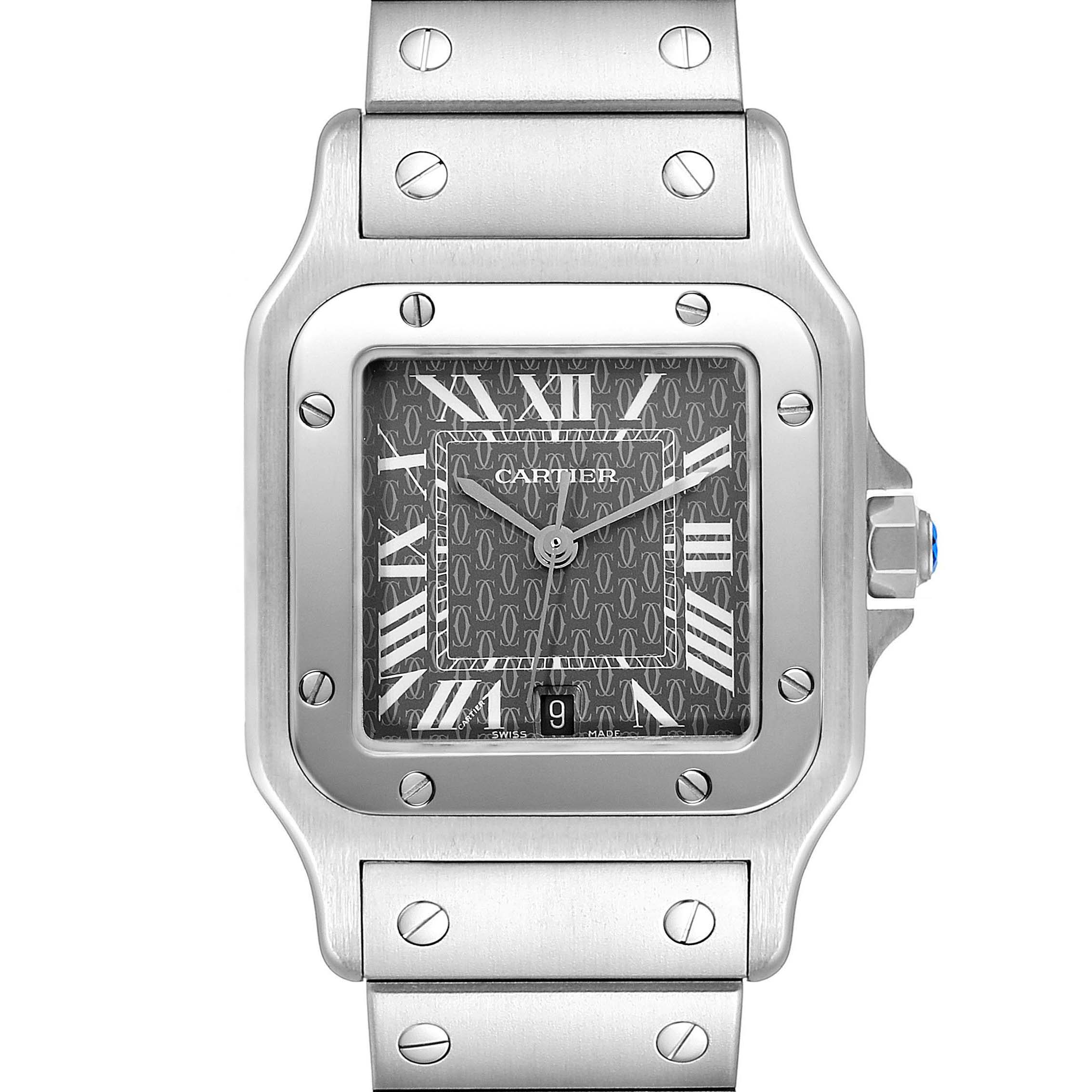 This image shows a front view of a Cartier Santos W20061D6 Women's Stainless Steel Grey Dial W20061D6 Women's Stainless Steel Grey Dial watch highlighting the face, bezel, crown, and part of the bracelet.