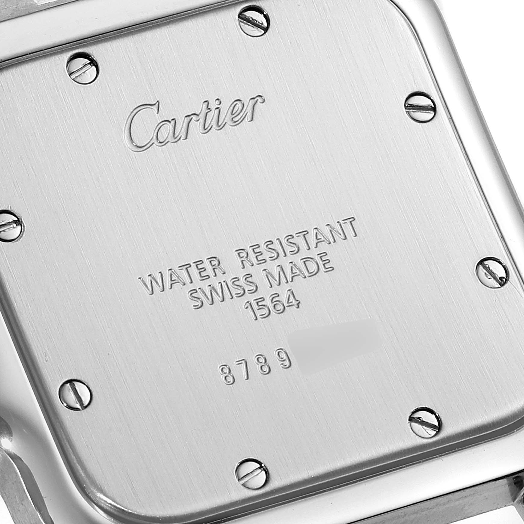 The image shows the back case of a Cartier Santos W20061D6 Women's Stainless Steel Grey Dial W20061D6 Women's Stainless Steel Grey Dial watch, highlighting the brand, model, and water resistance information.