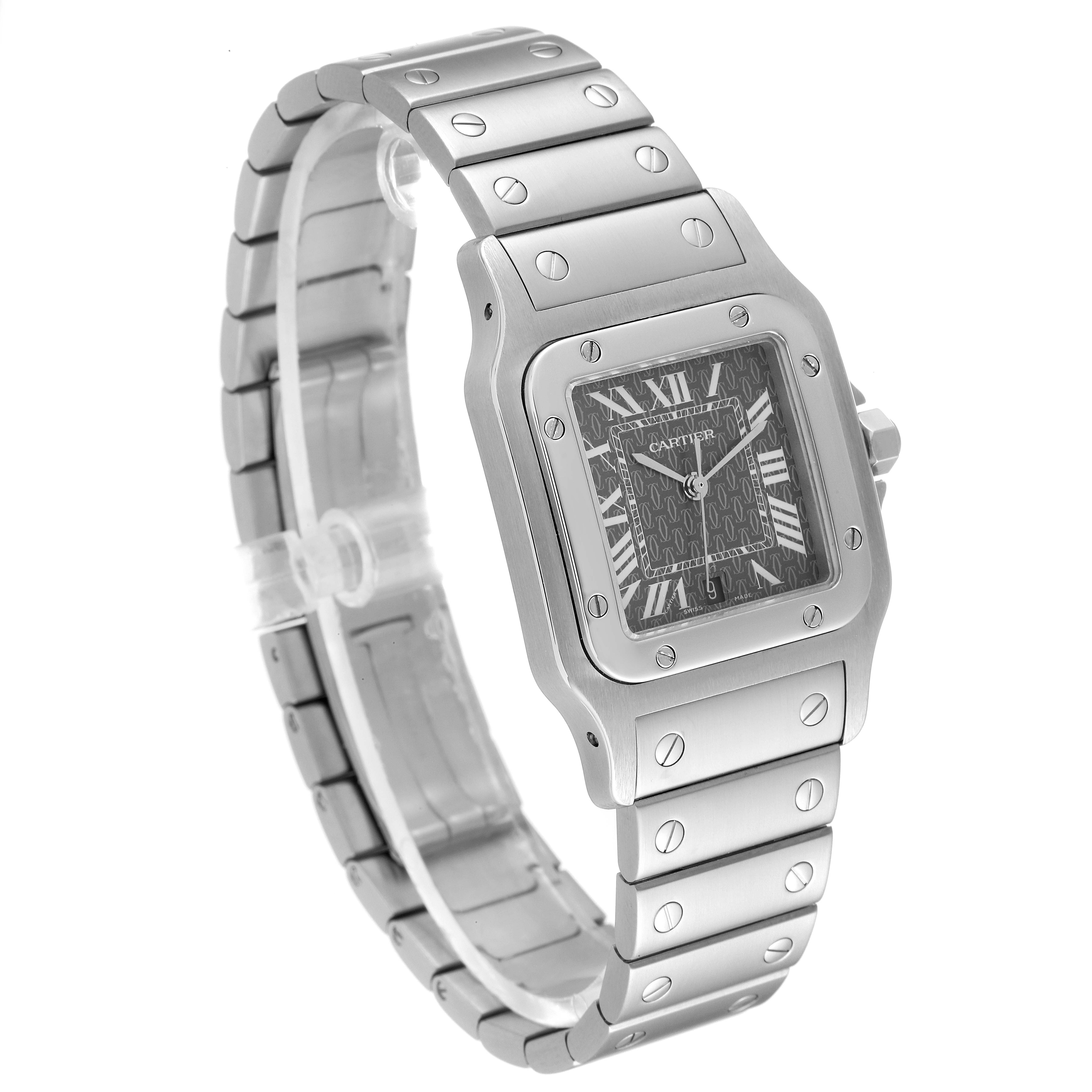The image shows a Cartier Santos W20061D6 Women's Stainless Steel Grey Dial W20061D6 Women's Stainless Steel Grey Dial watch from an angled front view, highlighting the face, bezel, and metallic bracelet with screws.