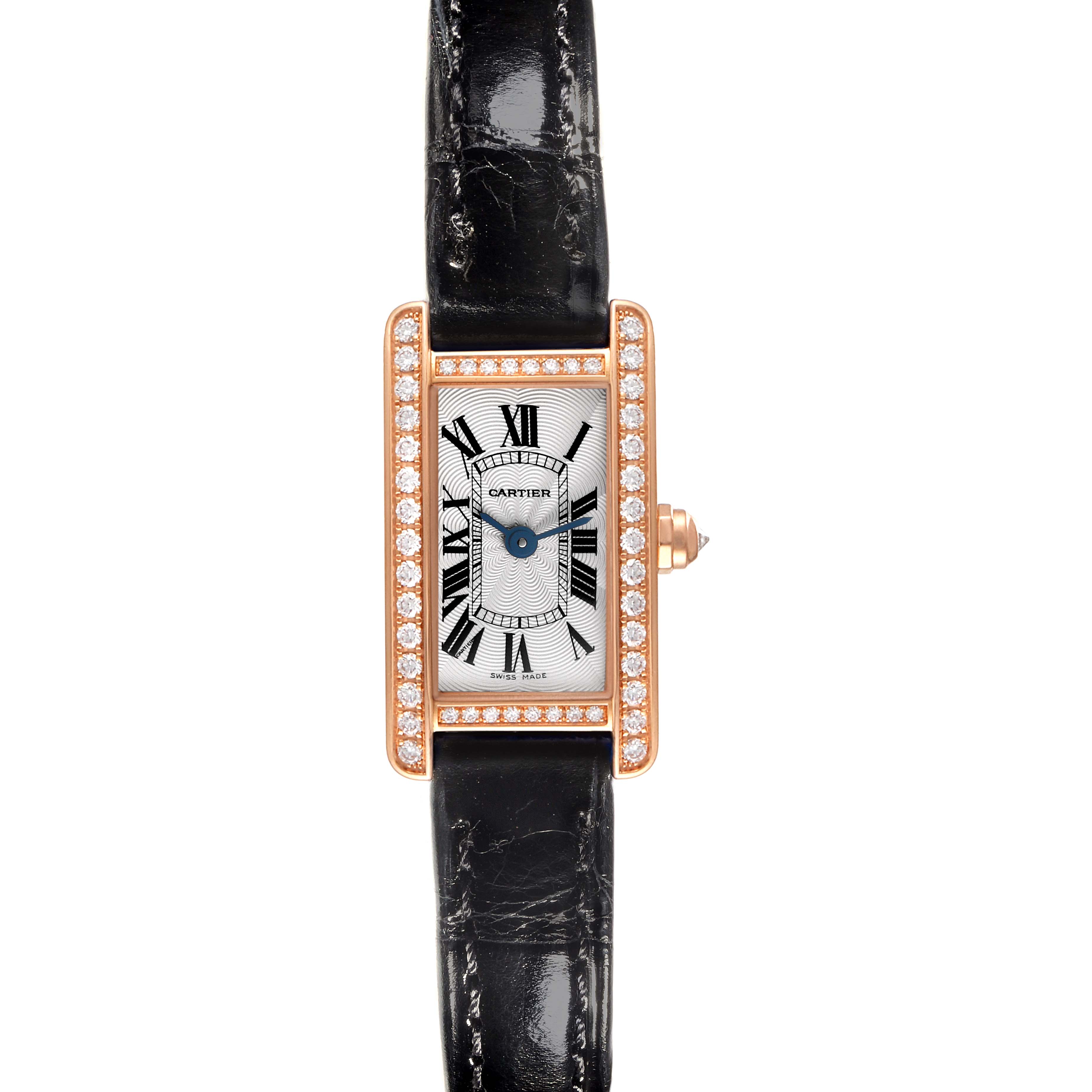 The Cartier Tank Americaine WB710014 Women's Rose Gold Silver Dial WB710014 Women's Rose Gold Silver Dial watch is shown in a top-down angle, highlighting its face, strap, and diamond bezel.