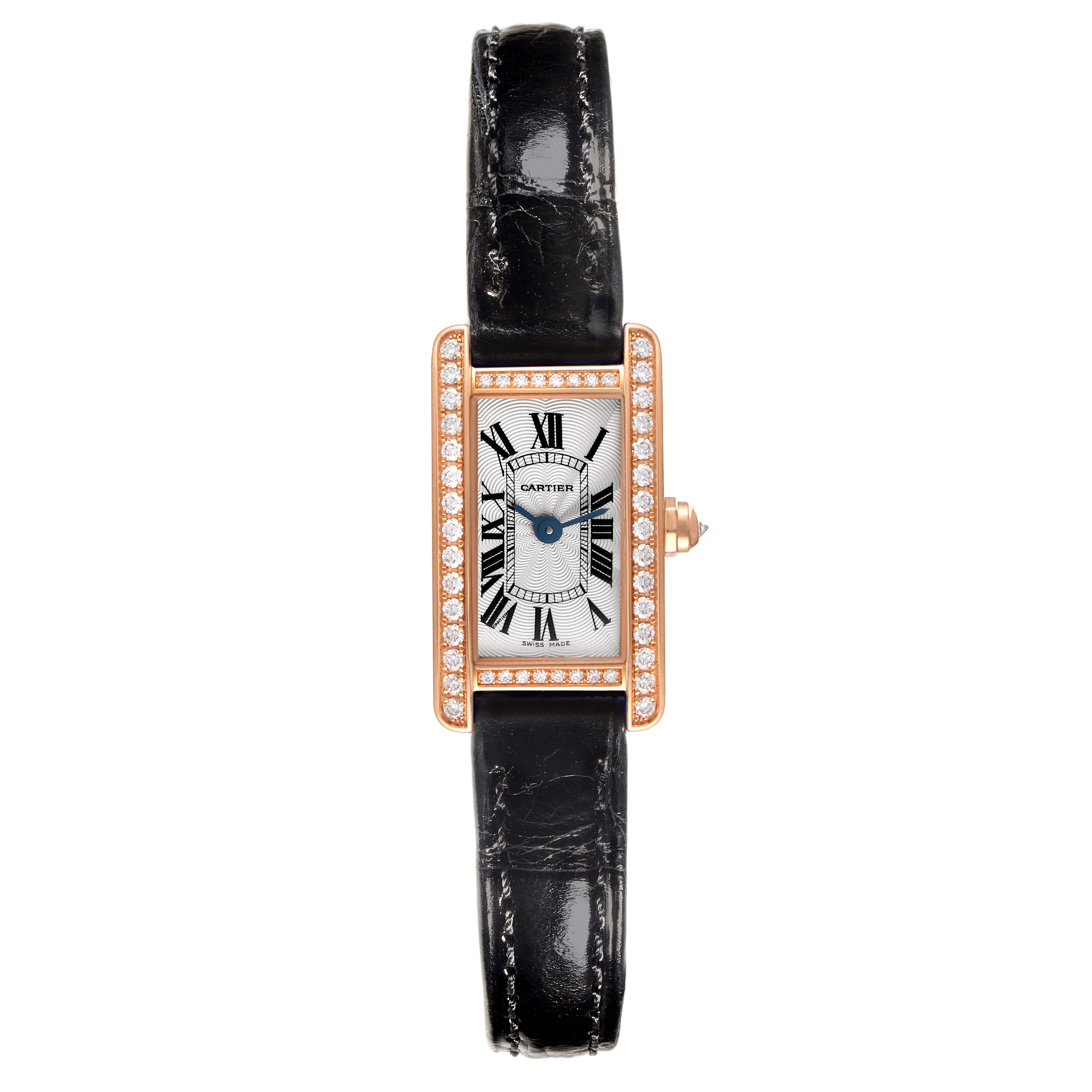 The Cartier Tank Americaine WB710014 Women's Rose Gold Silver Dial WB710014 Women's Rose Gold Silver Dial watch is shown from the front, highlighting its face and black leather strap.