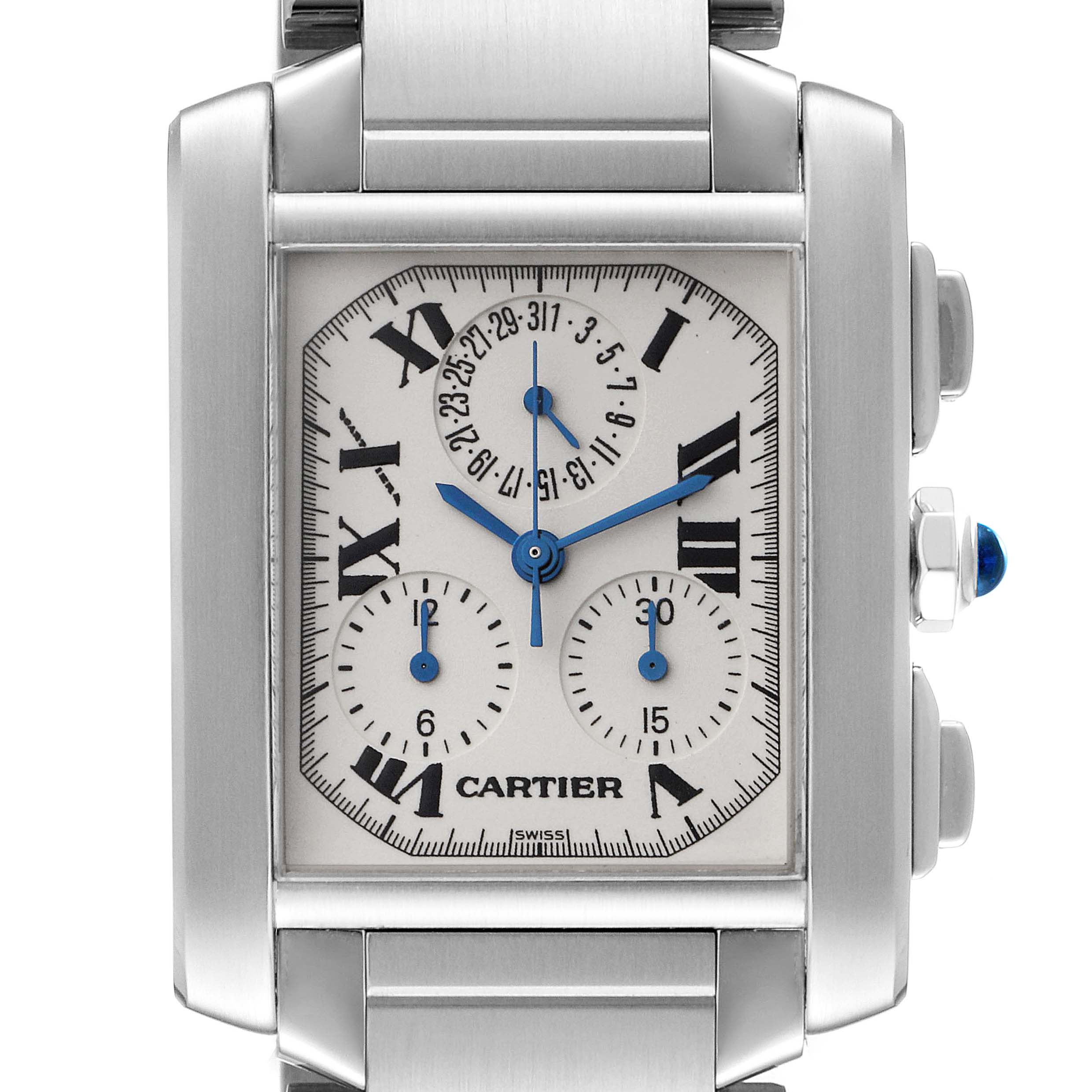 This image shows a close-up frontal view of the Cartier Tank Francaise W51001Q3 Men's Stainless Steel Silver Dial W51001Q3 Men's Stainless Steel Silver Dial watch, displaying its dial, hands, sub-dials, and crown.