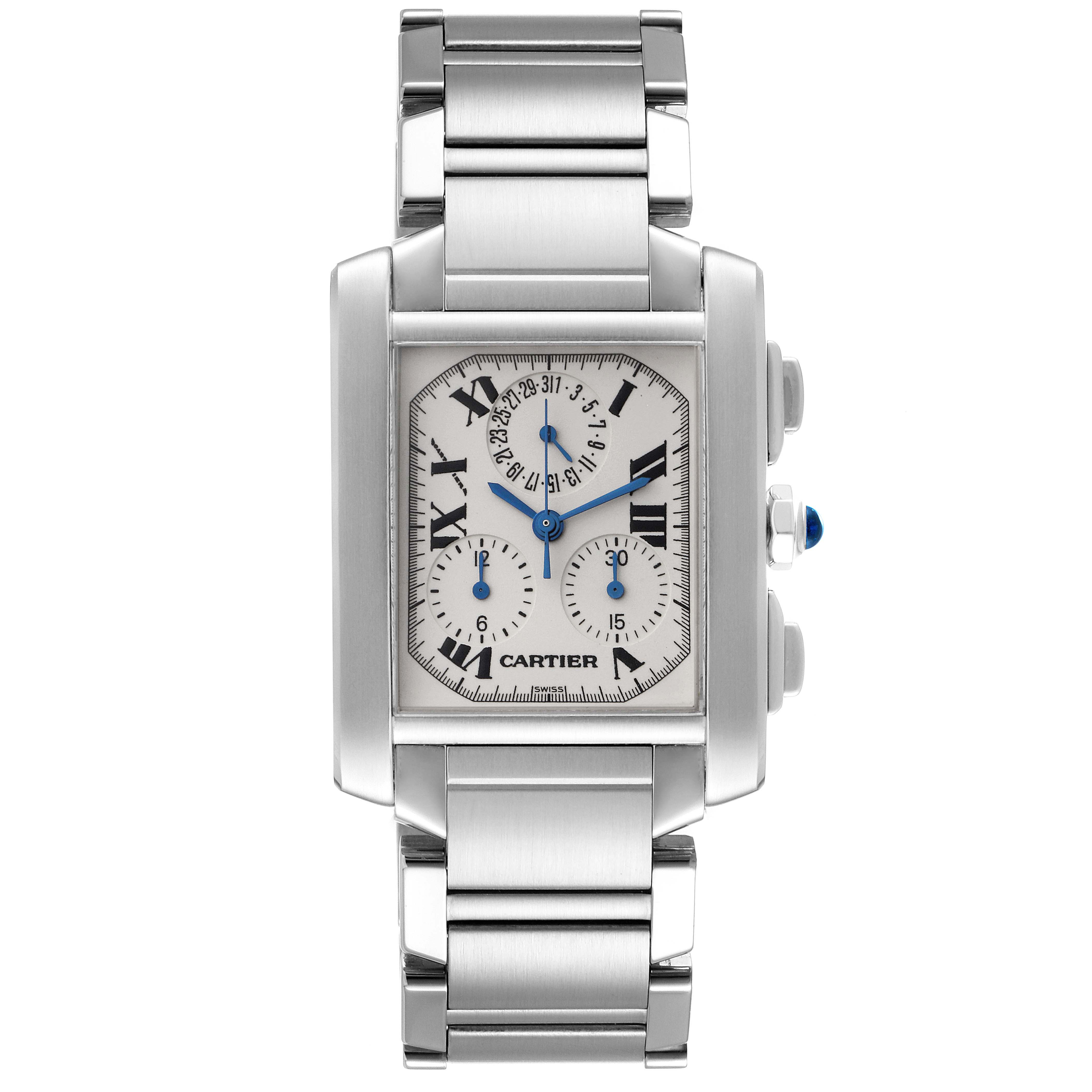 The image shows a front view of a Cartier Tank Francaise W51001Q3 Men's Stainless Steel Silver Dial W51001Q3 Men's Stainless Steel Silver Dial watch, displaying its face, bracelet, and side buttons.