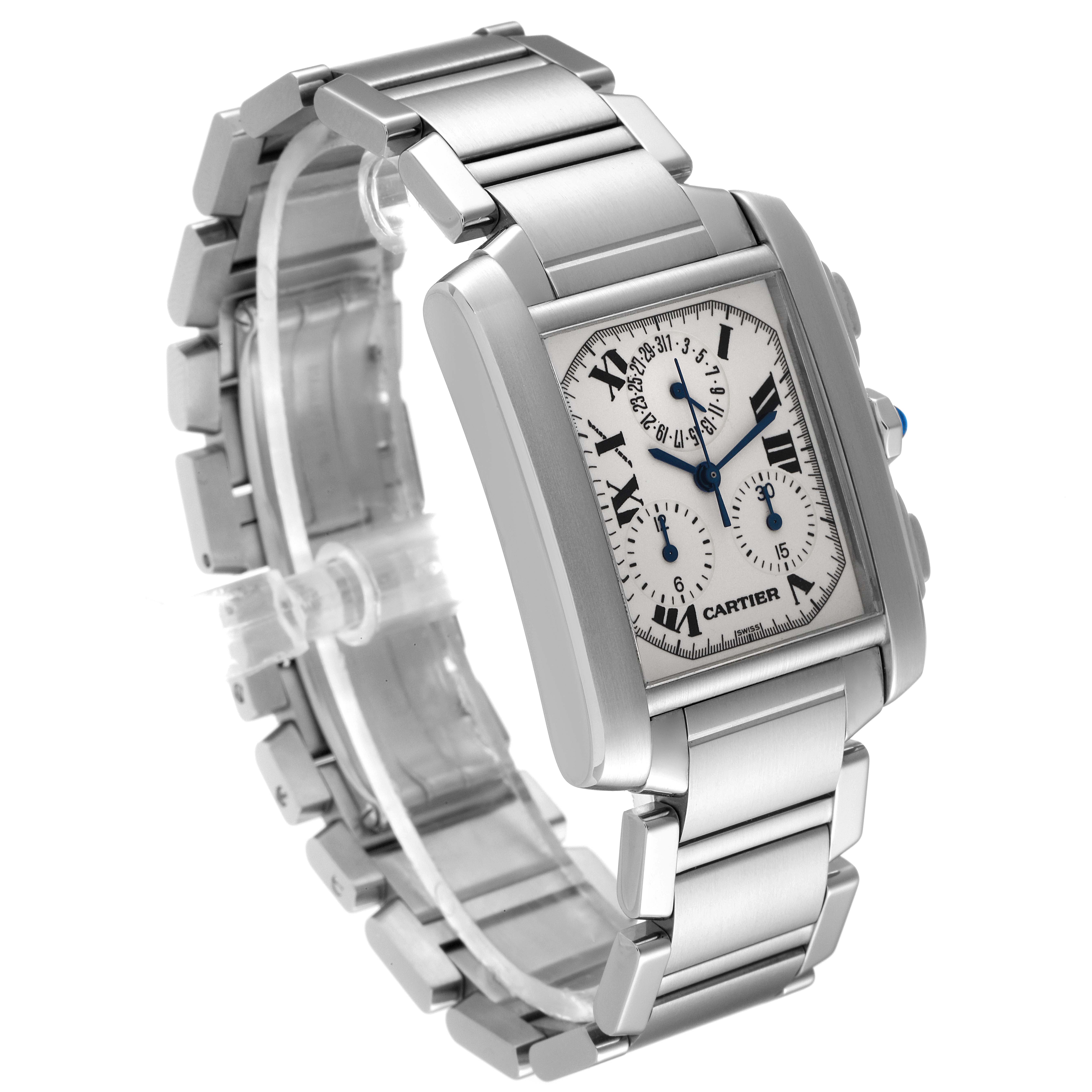 The image shows a Cartier Tank Francaise W51001Q3 Men's Stainless Steel Silver Dial W51001Q3 Men's Stainless Steel Silver Dial watch angled to display the face and part of the stainless steel bracelet.