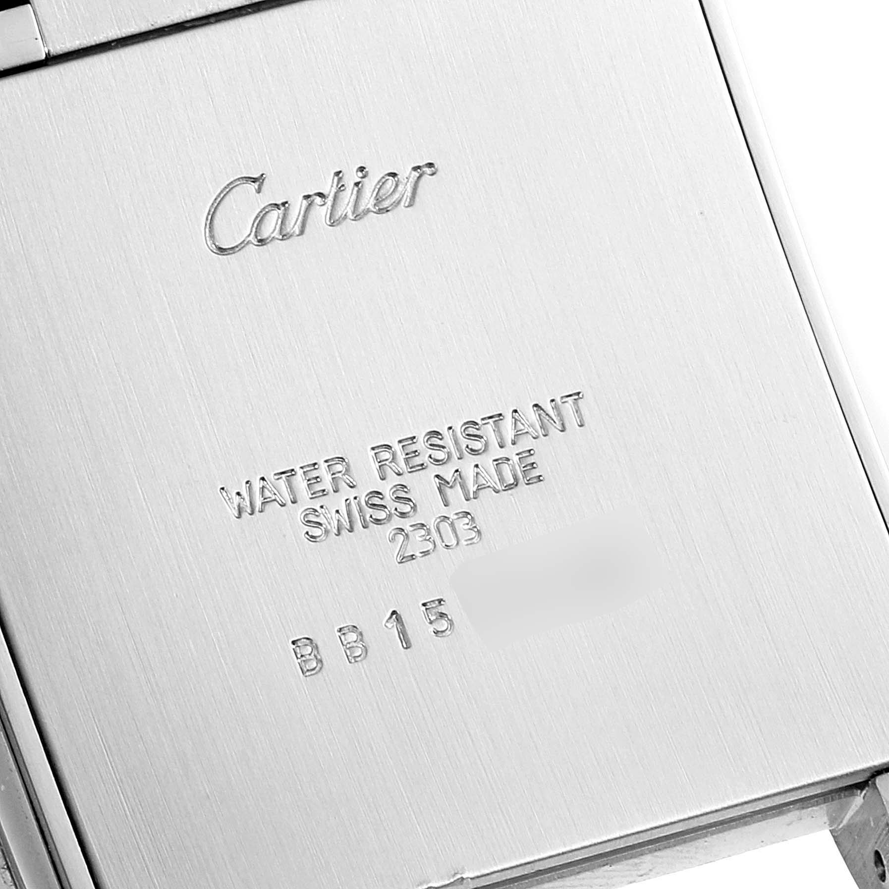 This image shows the back case of a Cartier Tank Francaise W51001Q3 Men's Stainless Steel Silver Dial W51001Q3 Men's Stainless Steel Silver Dial watch at a slightly angled close-up view.