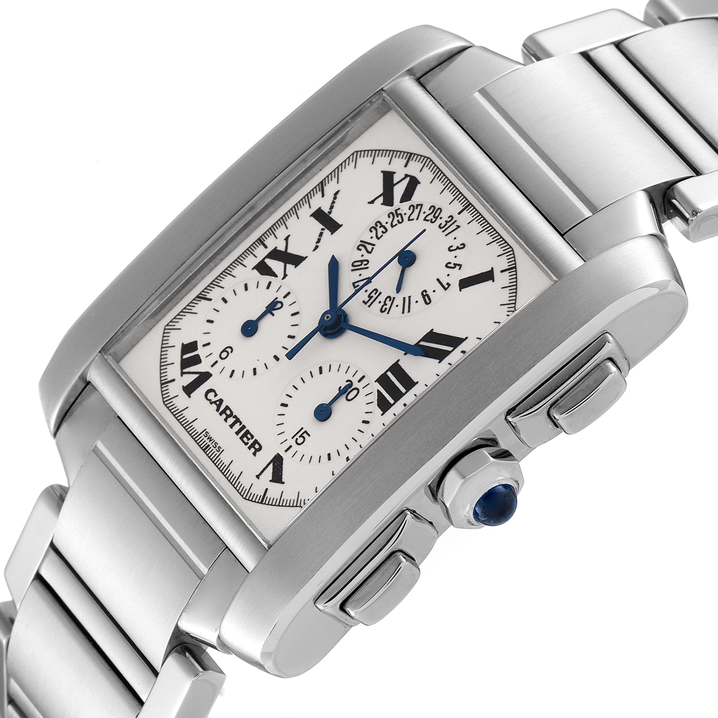 This image shows a Cartier Tank Francaise W51001Q3 Men's Stainless Steel Silver Dial W51001Q3 Men's Stainless Steel Silver Dial watch at an angle, highlighting its face, crown, and metal bracelet.