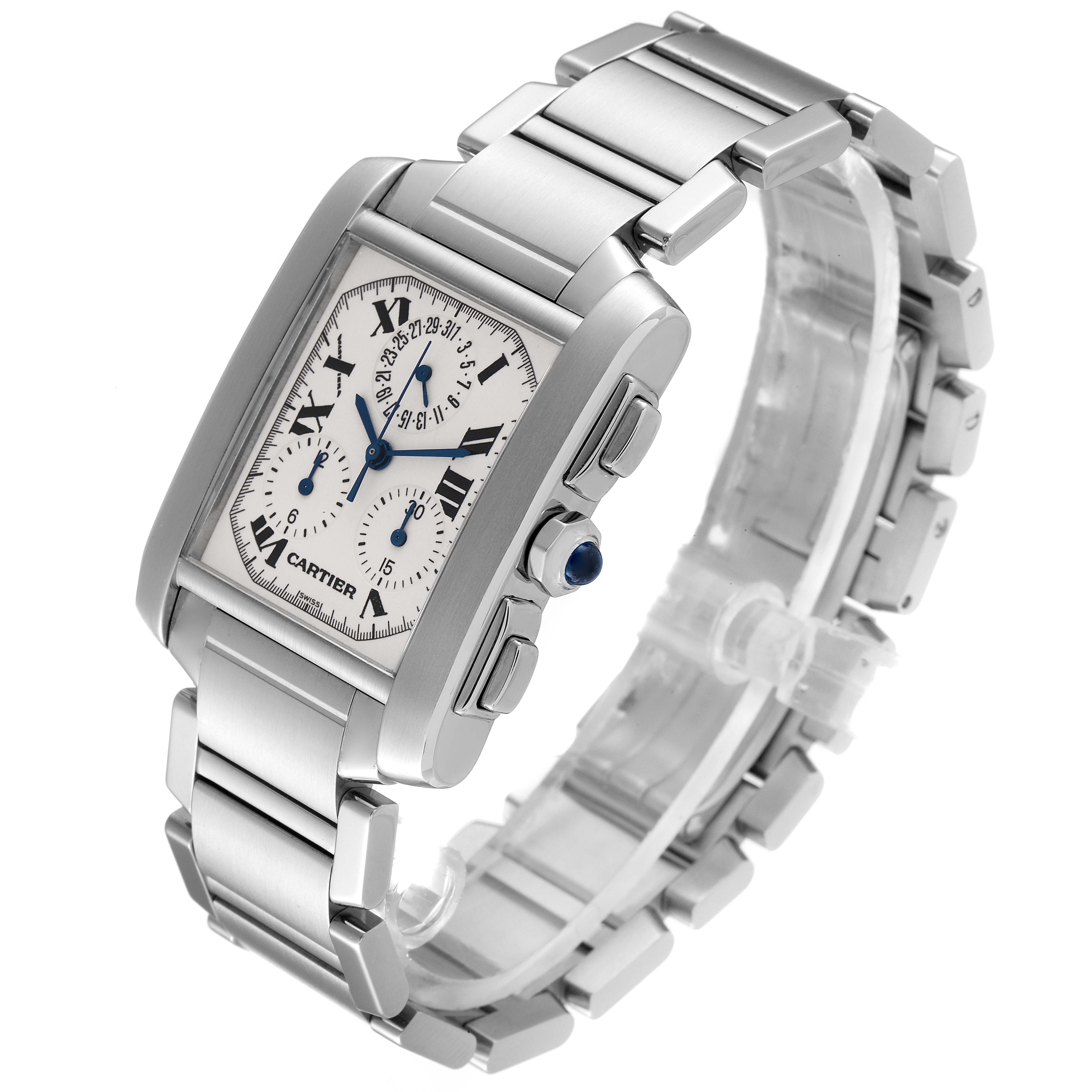 The Cartier Tank Française watch is shown at an angle displaying its face, band, and side buttons.