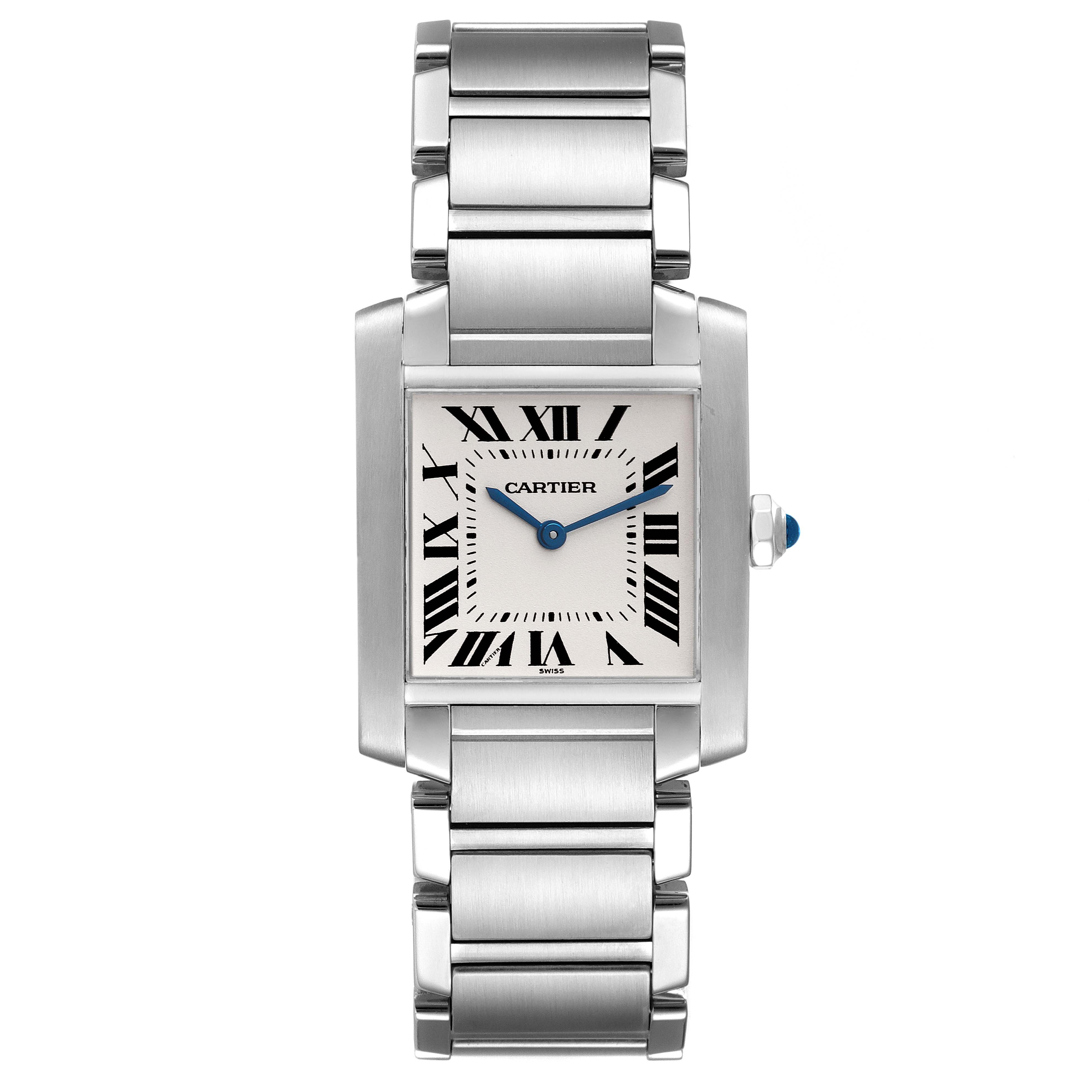 This image shows a front view of a Cartier Tank Francaise W51003Q3 Women's Stainless Steel Silver Dial W51003Q3 Women's Stainless Steel Silver Dial watch, highlighting its rectangular face, Roman numerals, and metal bracelet.