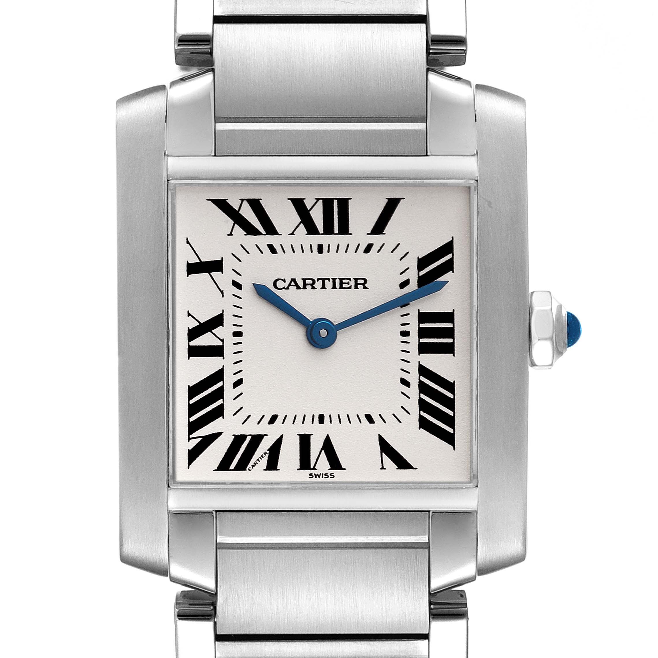 This image shows a close-up view of the Cartier Tank Francaise W51003Q3 Women's Stainless Steel Silver Dial W51003Q3 Women's Stainless Steel Silver Dial watch, highlighting its face, Roman numerals, hands, and part of the metal band.
