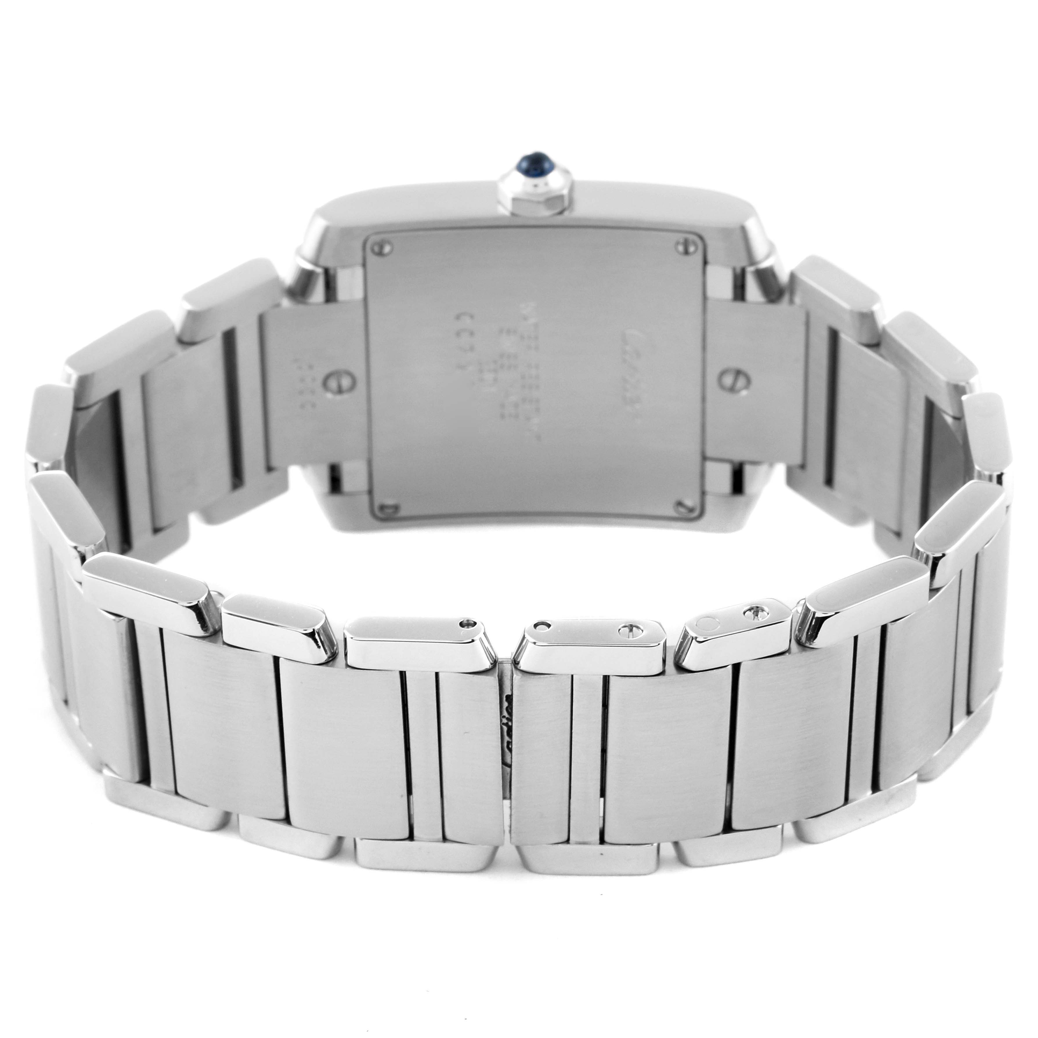 This image shows the back view and bracelet of the Cartier Tank Francaise W51003Q3 Women's Stainless Steel Silver Dial W51003Q3 Women's Stainless Steel Silver Dial watch.