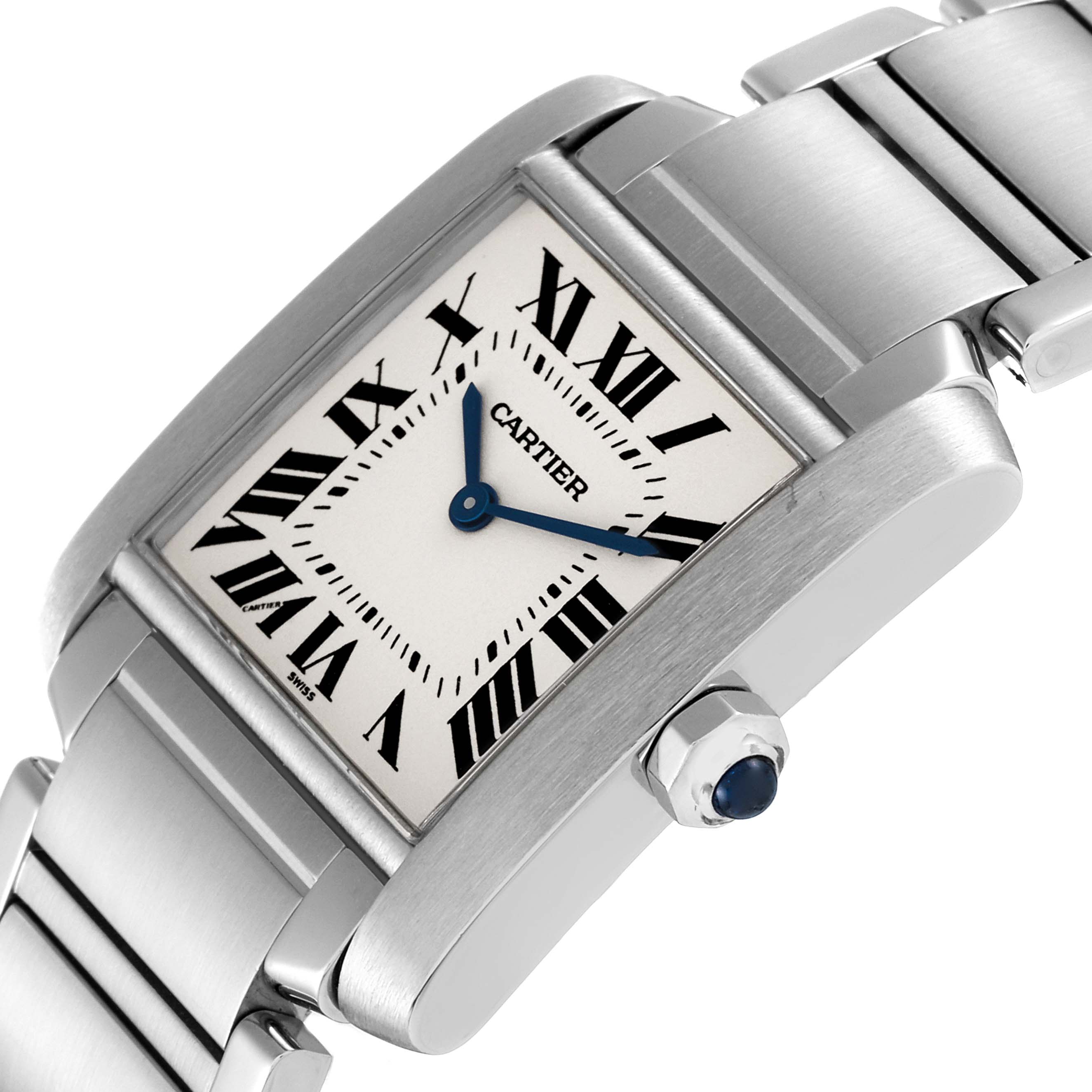 This image shows a Cartier Tank Francaise W51003Q3 Women's Stainless Steel Silver Dial W51003Q3 Women's Stainless Steel Silver Dial watch at a close-up angle, highlighting its dial, Roman numerals, blue hands, and metal bracelet.