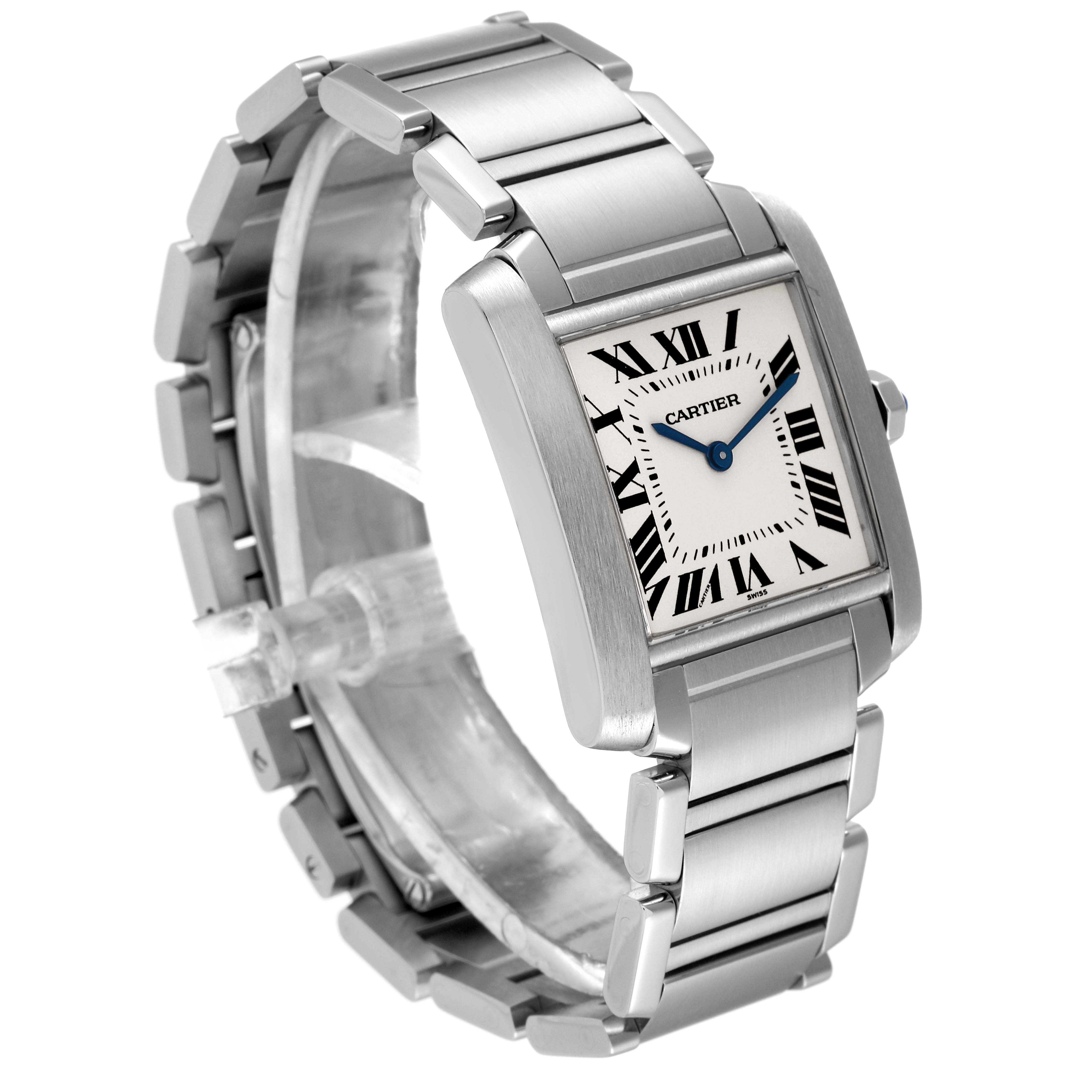 The Cartier Tank Francaise W51003Q3 Women's Stainless Steel Silver Dial W51003Q3 Women's Stainless Steel Silver Dial watch is shown at an oblique angle, highlighting its rectangular face, bracelet, and Roman numeral dial.