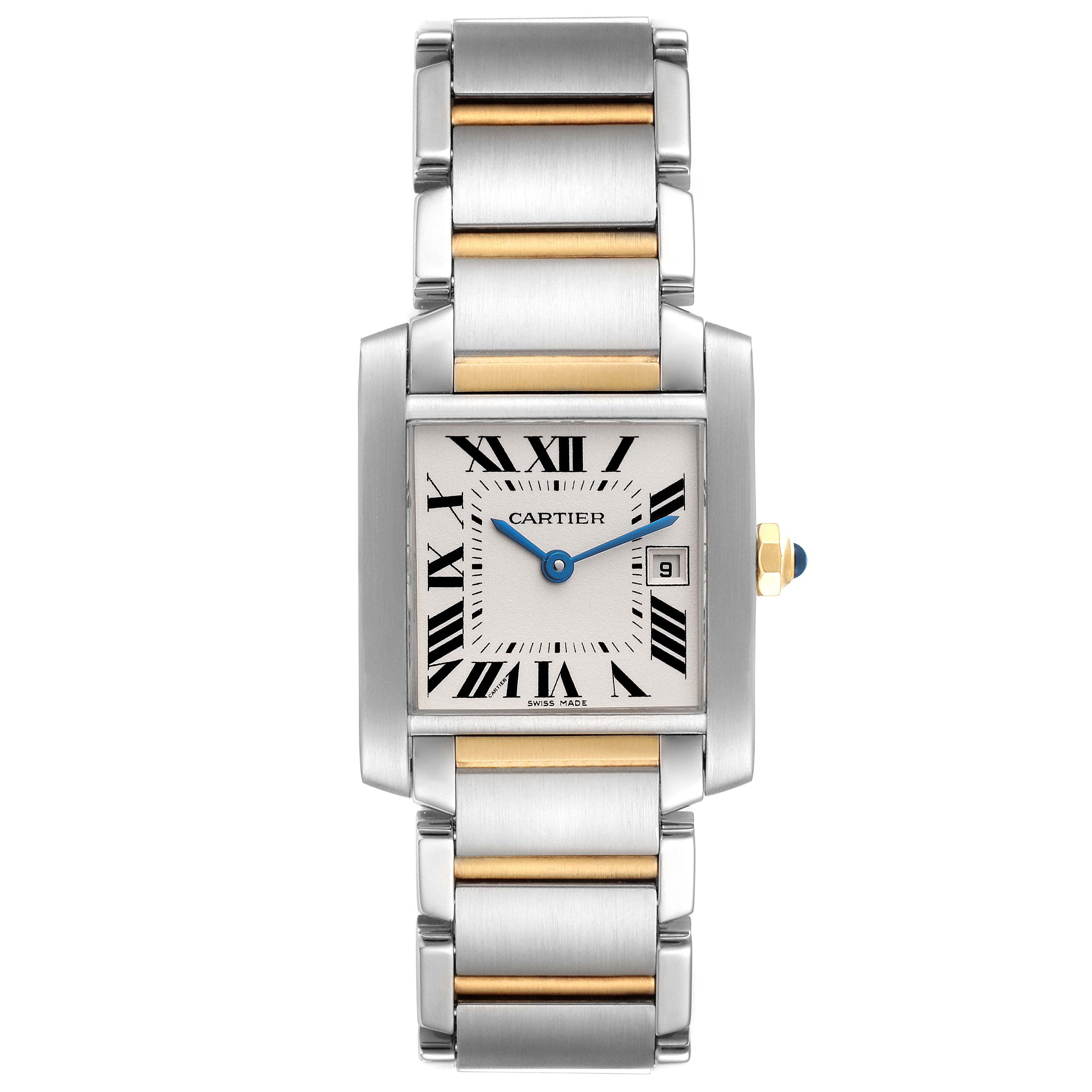 This image shows a top-down view of a Cartier Tank Francaise W51012Q4 Women's Steel and Gold (two tone) Silver Dial W51012Q4 Women's Steel and Gold (two tone) Silver Dial watch, highlighting its face and dual-tone metal bracelet.