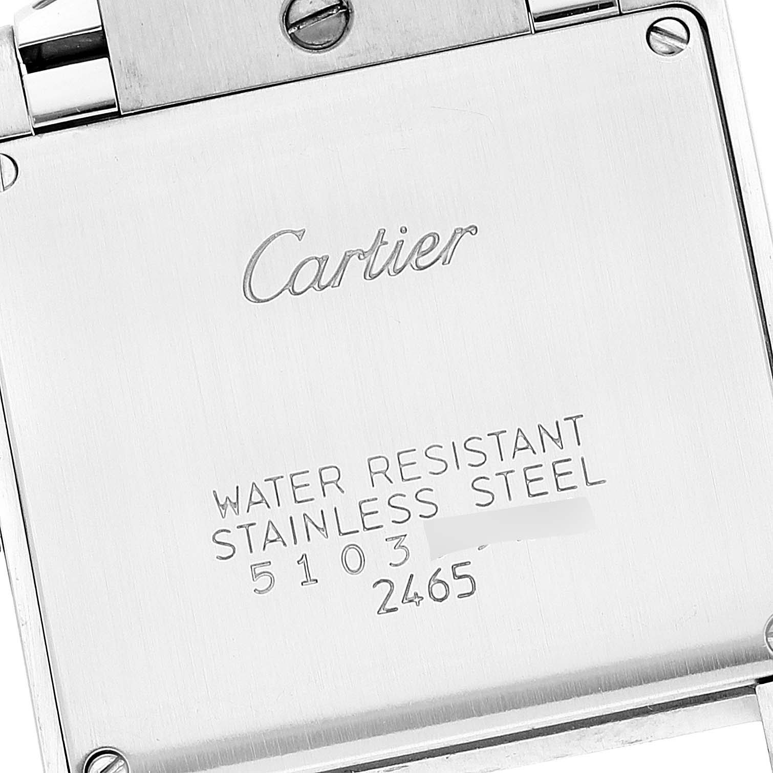 This image shows the back case of a Cartier Tank Française watch, highlighting its water resistance and stainless steel material.