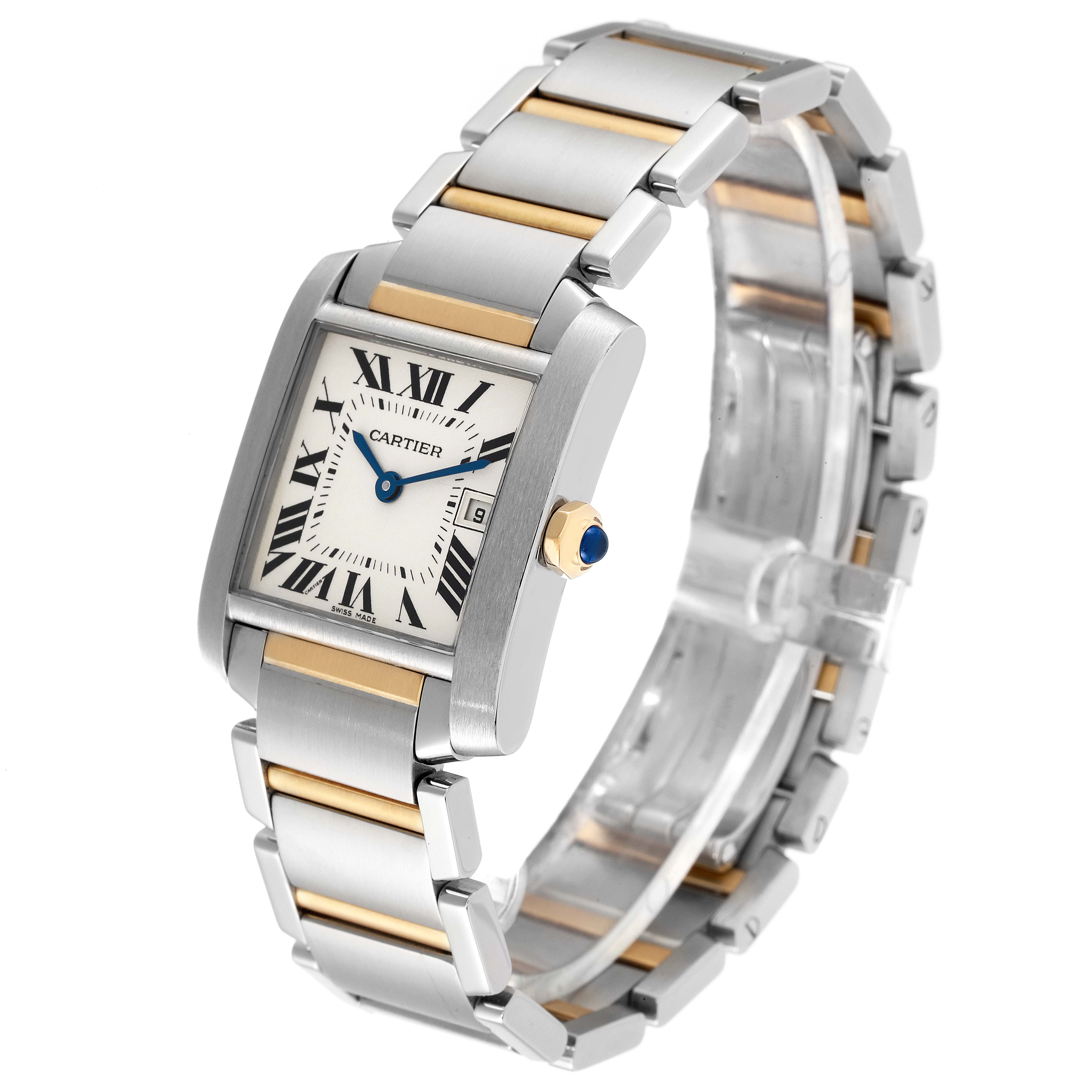 The Cartier Tank Française watch is shown at a three-quarter angle, displaying the face, bracelet, and crown.