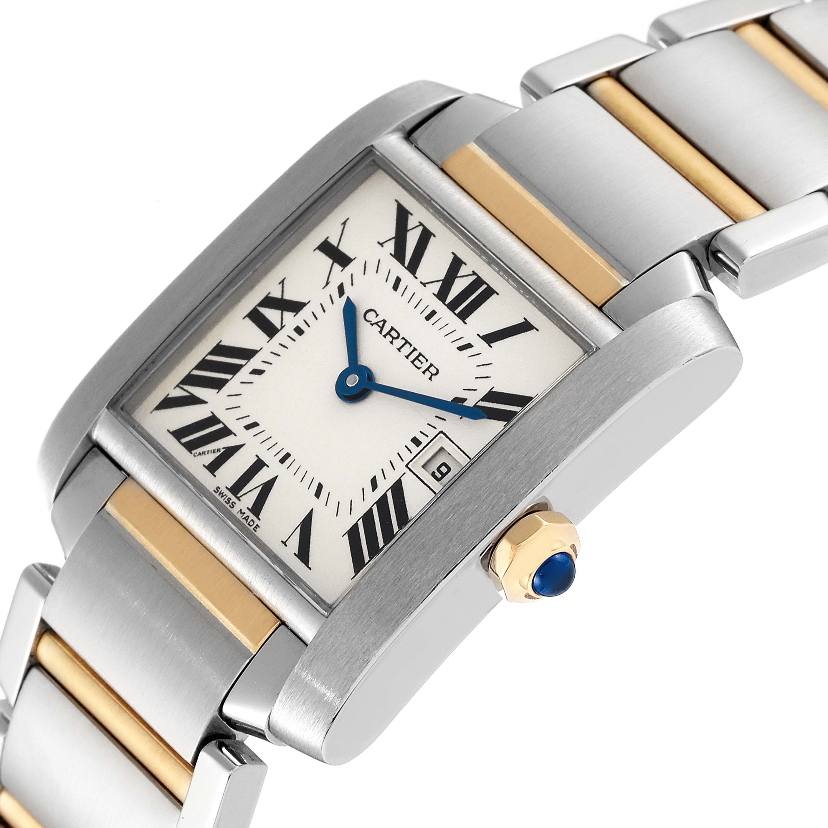 This image shows a Cartier Tank Francaise W51012Q4 Women's Steel and Gold (two tone) Silver Dial W51012Q4 Women's Steel and Gold (two tone) Silver Dial watch at a slight angle, highlighting its face, bracelet, and crown with a blue cabochon.