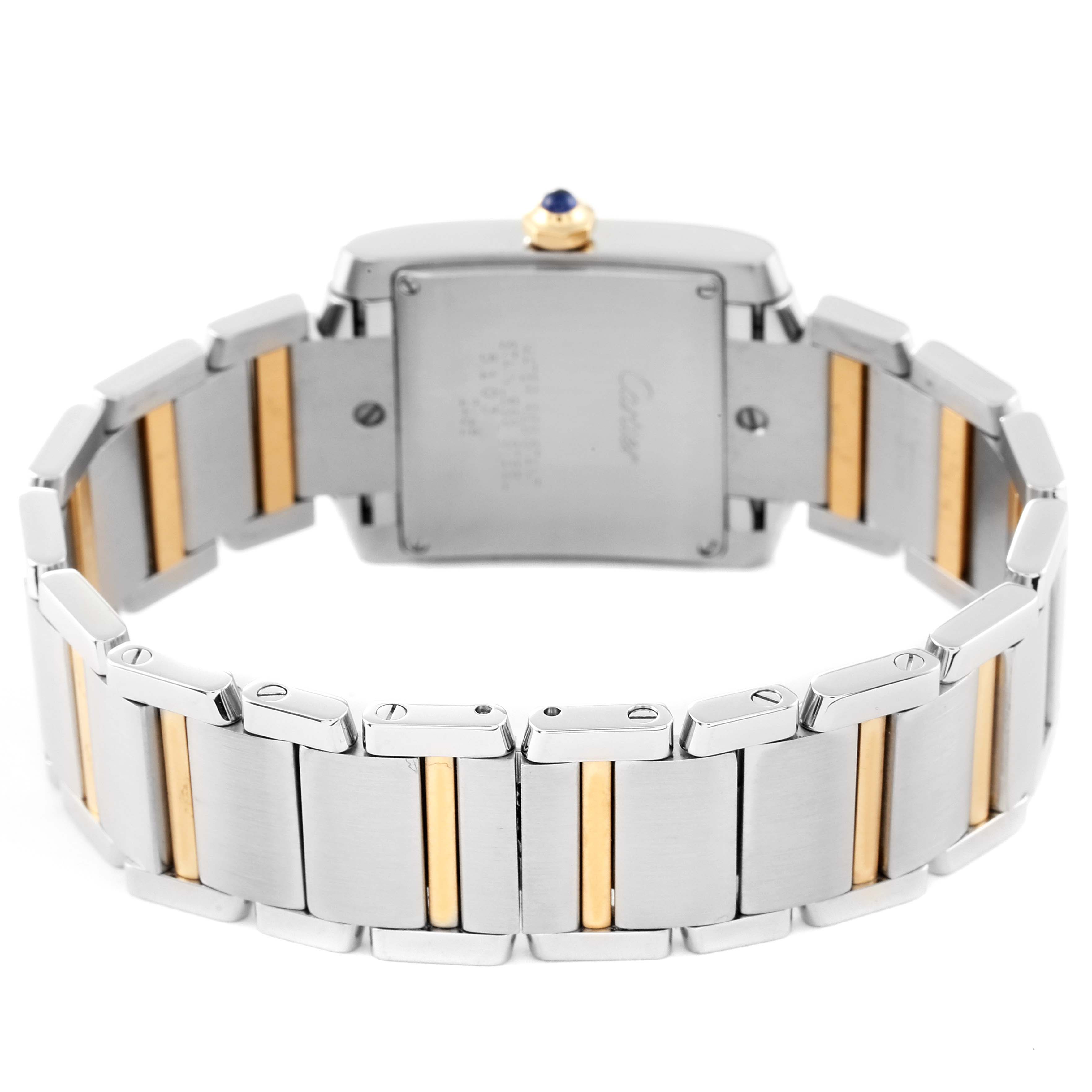 This image shows the back case and bracelet of a Cartier Tank Francaise W51012Q4 Women's Steel and Gold (two tone) Silver Dial W51012Q4 Women's Steel and Gold (two tone) Silver Dial watch, highlighting its two-tone metal links.