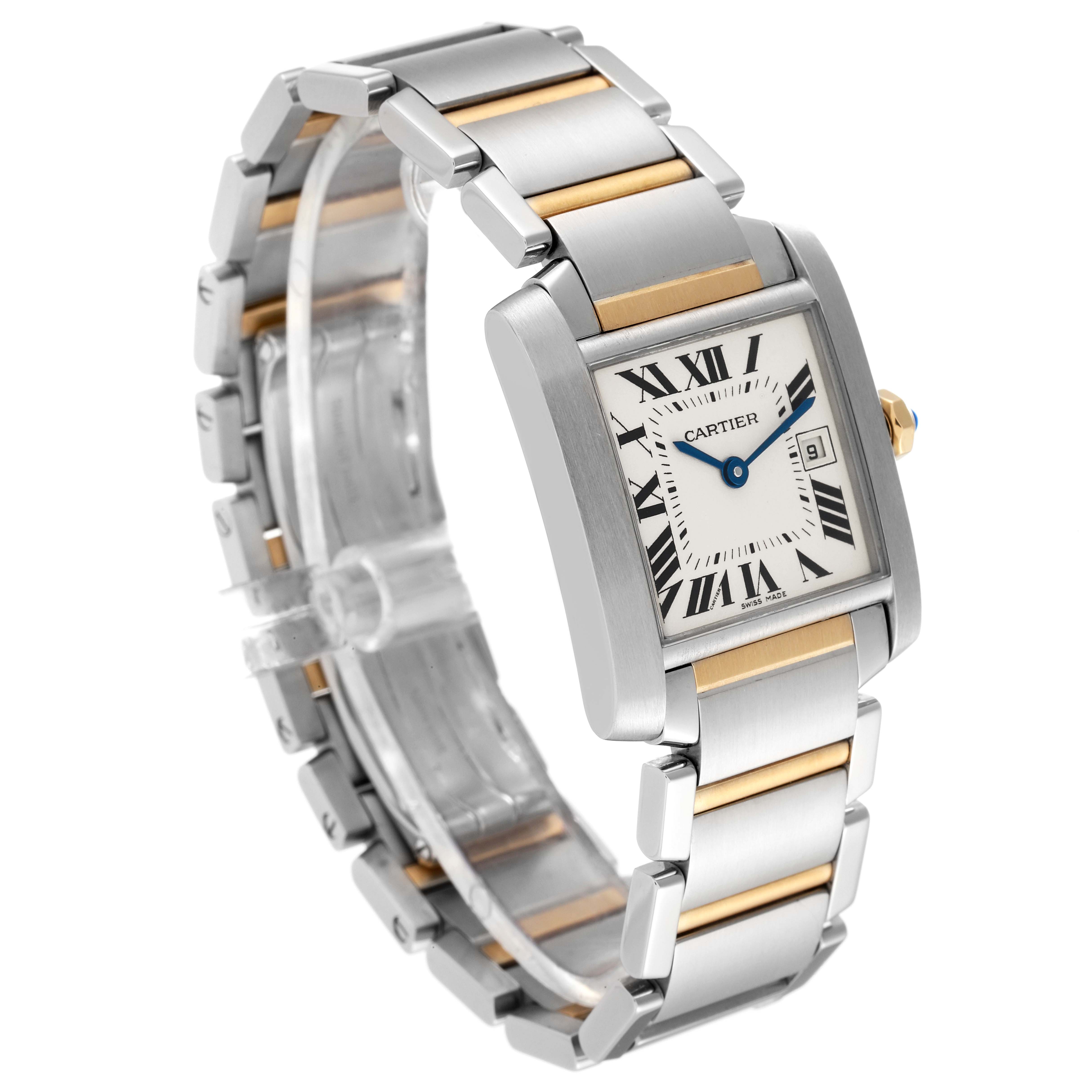The Cartier Tank Francaise W51012Q4 Women's Steel and Gold (two tone) Silver Dial W51012Q4 Women's Steel and Gold (two tone) Silver Dial watch is shown at a three-quarter angle, displaying the bracelet, rectangular face, and Roman numeral dial.