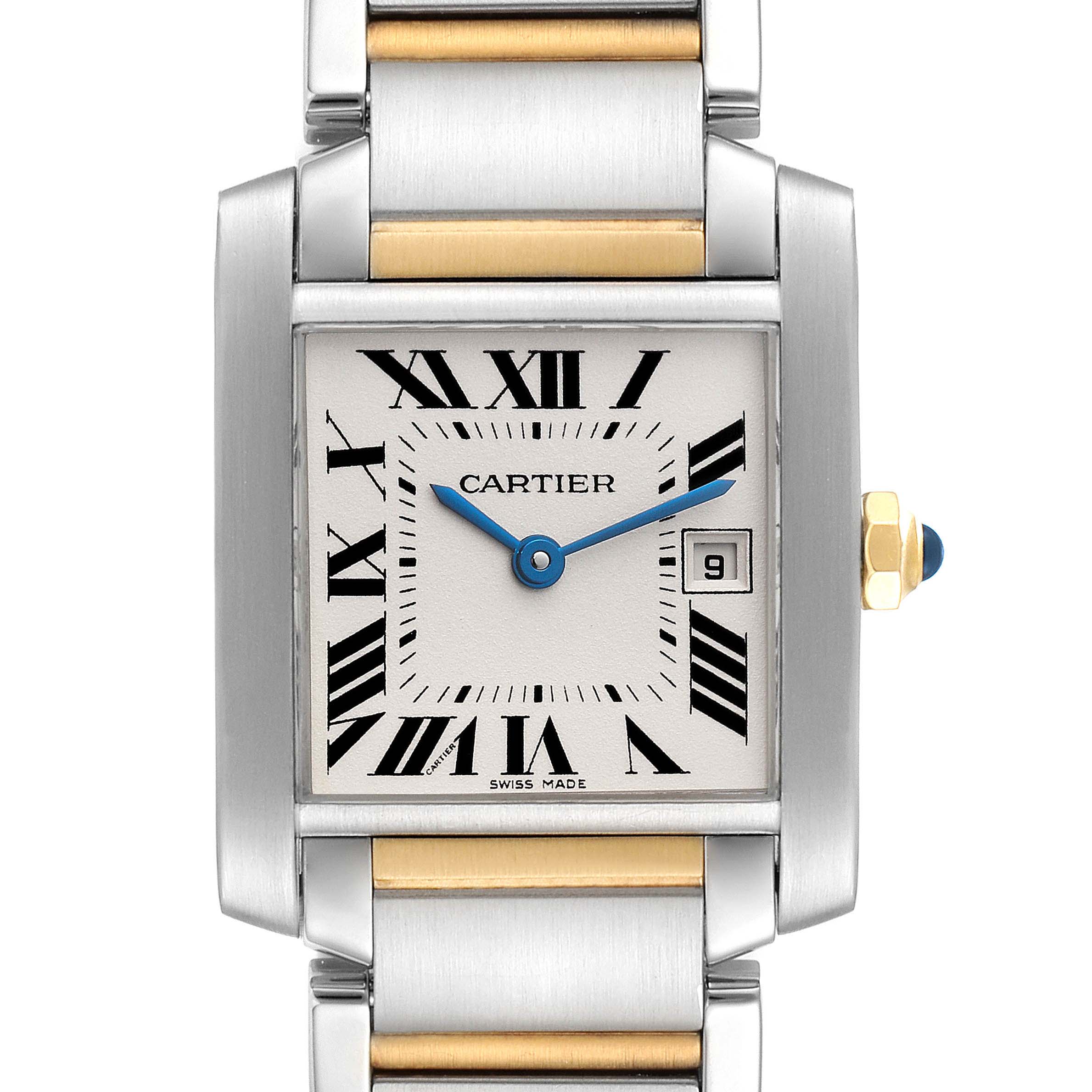 This image shows a front view of the Cartier Tank Francaise W51012Q4 Women's Steel and Gold (two tone) Silver Dial W51012Q4 Women's Steel and Gold (two tone) Silver Dial watch, highlighting the face, Roman numerals, and part of the bracelet.