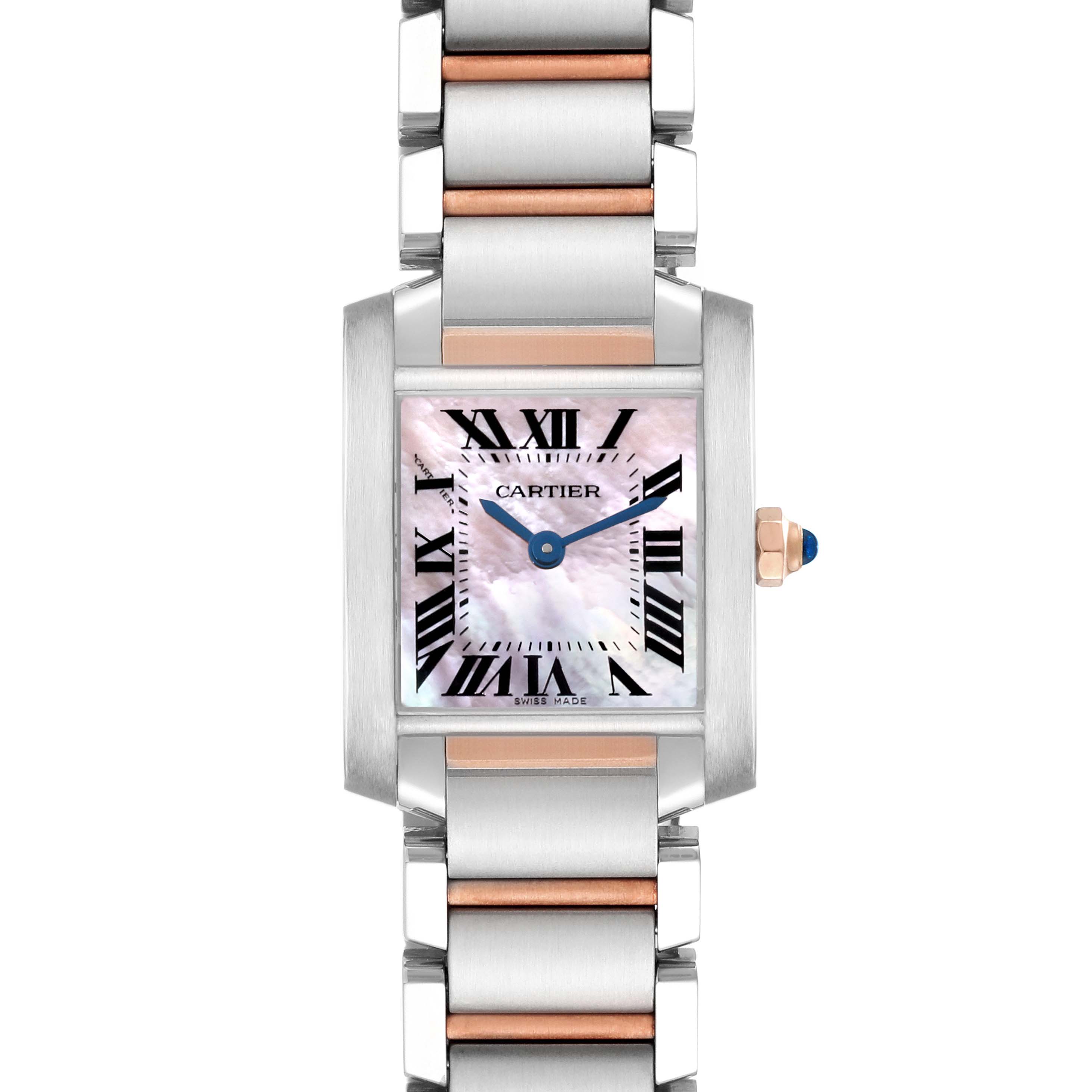 The Cartier Tank Francaise W51027Q4 Women's Steel and Gold (two tone) Mother of Pearl Dial W51027Q4 Women's Steel and Gold (two tone) Mother of Pearl Dial watch is shown from a front angle, highlighting its face, dial, and bracelet.