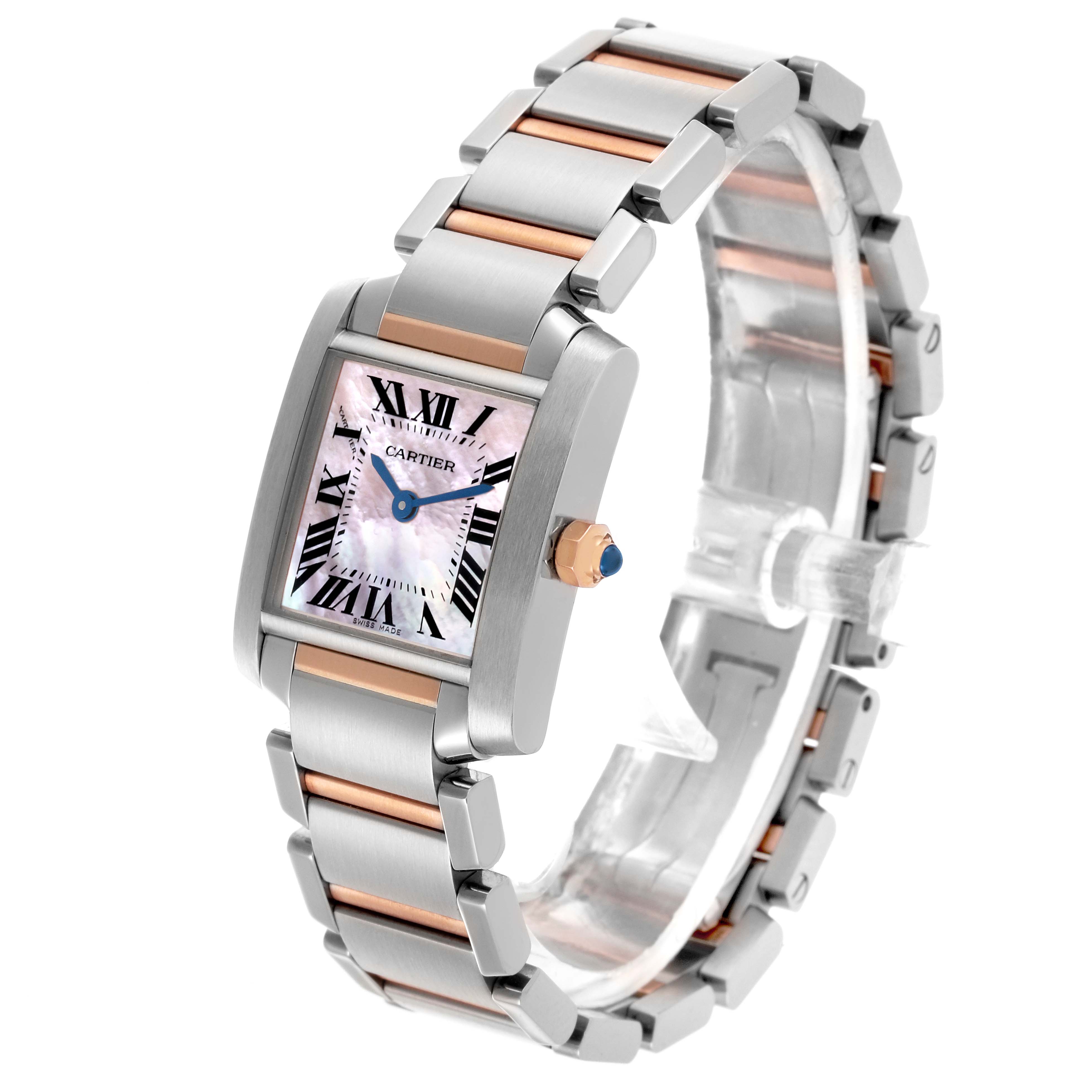 The Cartier Tank Francaise W51027Q4 Women's Steel and Gold (two tone) Mother of Pearl Dial W51027Q4 Women's Steel and Gold (two tone) Mother of Pearl Dial watch is shown at a slight angle, highlighting the face and bi-color bracelet.