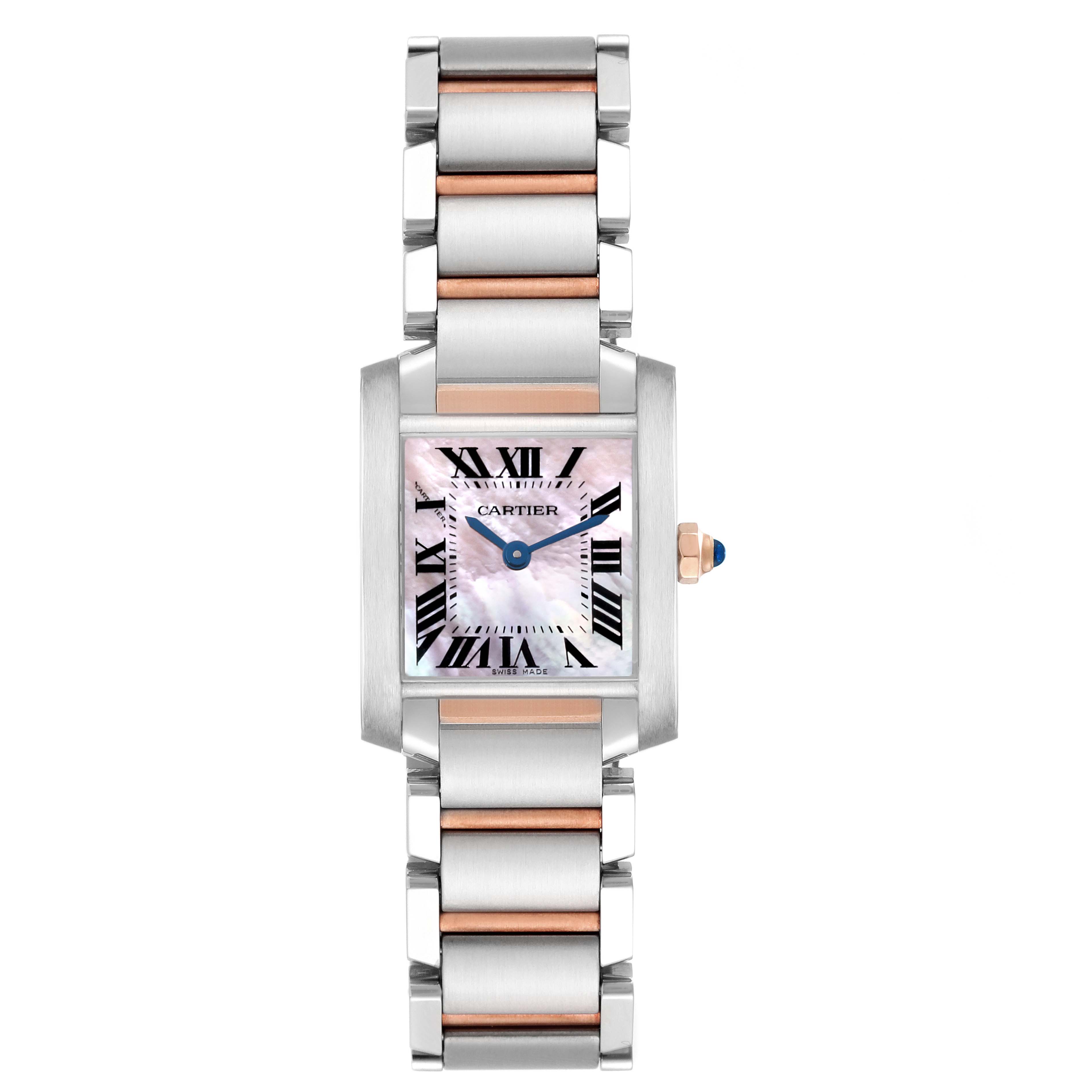 The Cartier Tank Française watch is shown in a front view, displaying the face, bracelet, and crown detail.