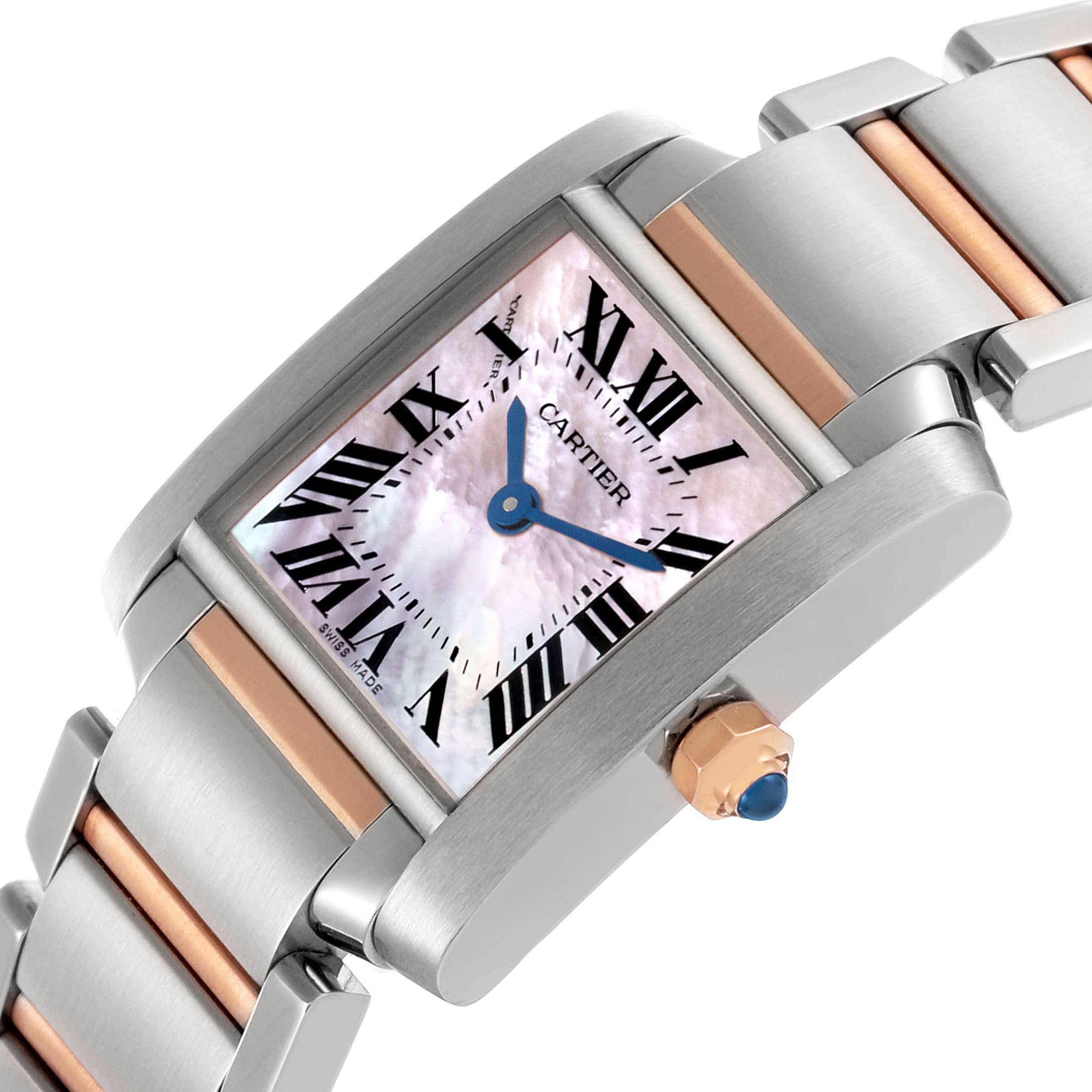 The Cartier Tank Francaise W51027Q4 Women's Steel and Gold (two tone) Mother of Pearl Dial W51027Q4 Women's Steel and Gold (two tone) Mother of Pearl Dial watch is shown at an angle highlighting the face, crown, and bi-metal bracelet.