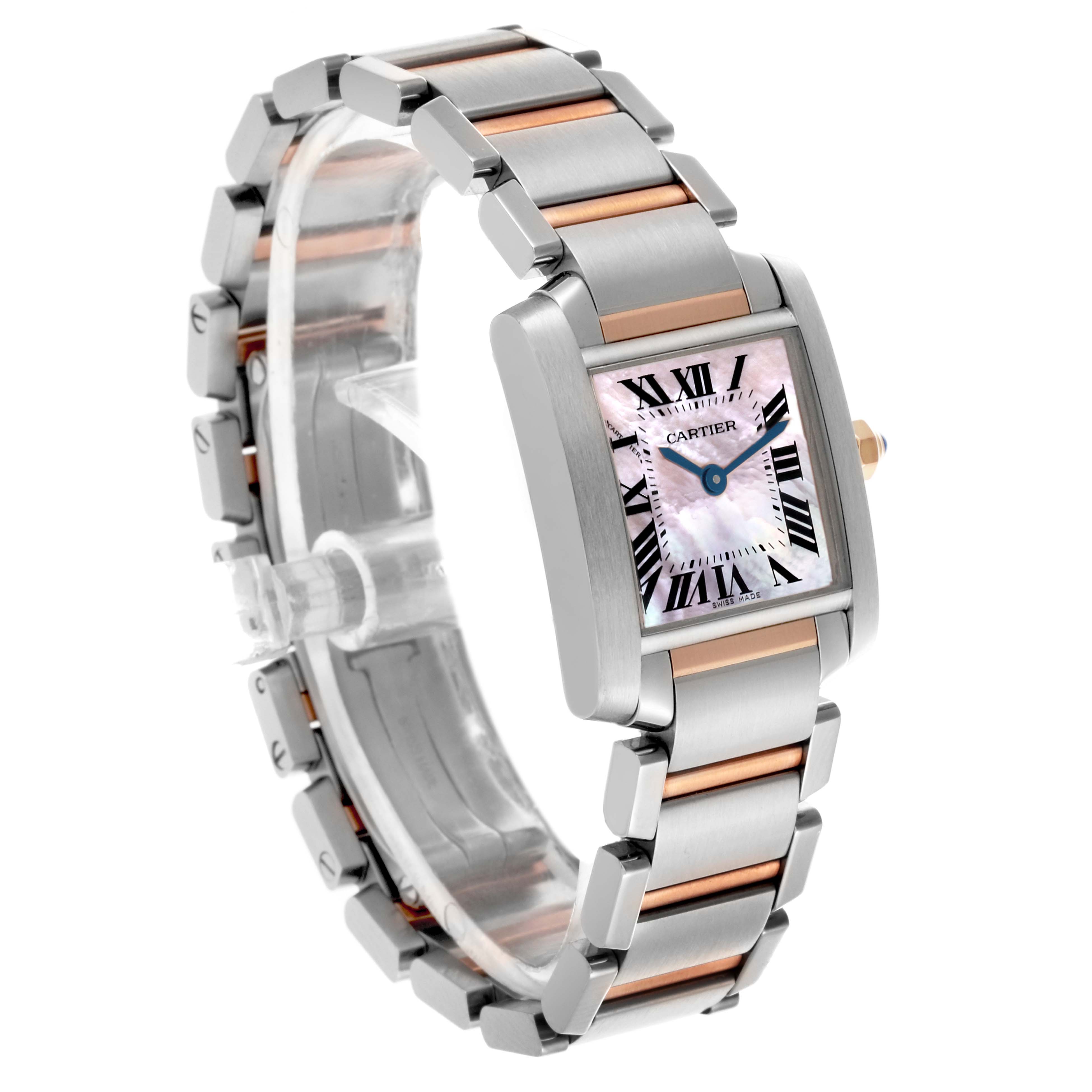 The Cartier Tank Francaise W51027Q4 Women's Steel and Gold (two tone) Mother of Pearl Dial W51027Q4 Women's Steel and Gold (two tone) Mother of Pearl Dial watch is shown at a three-quarter angle, highlighting the rectangular face and two-tone metal bracelet.