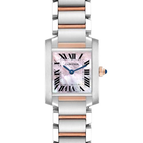 The image shows a Cartier Tank Française watch from the front, highlighting its bracelet, case, and dial with Roman numerals.