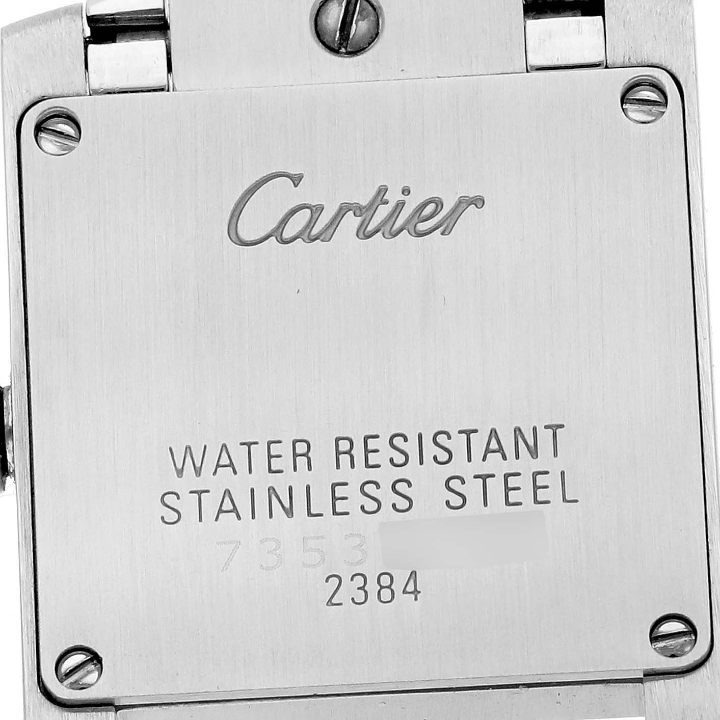 The image shows the back case of the Cartier Tank Française watch, highlighting its water resistance and stainless steel material.