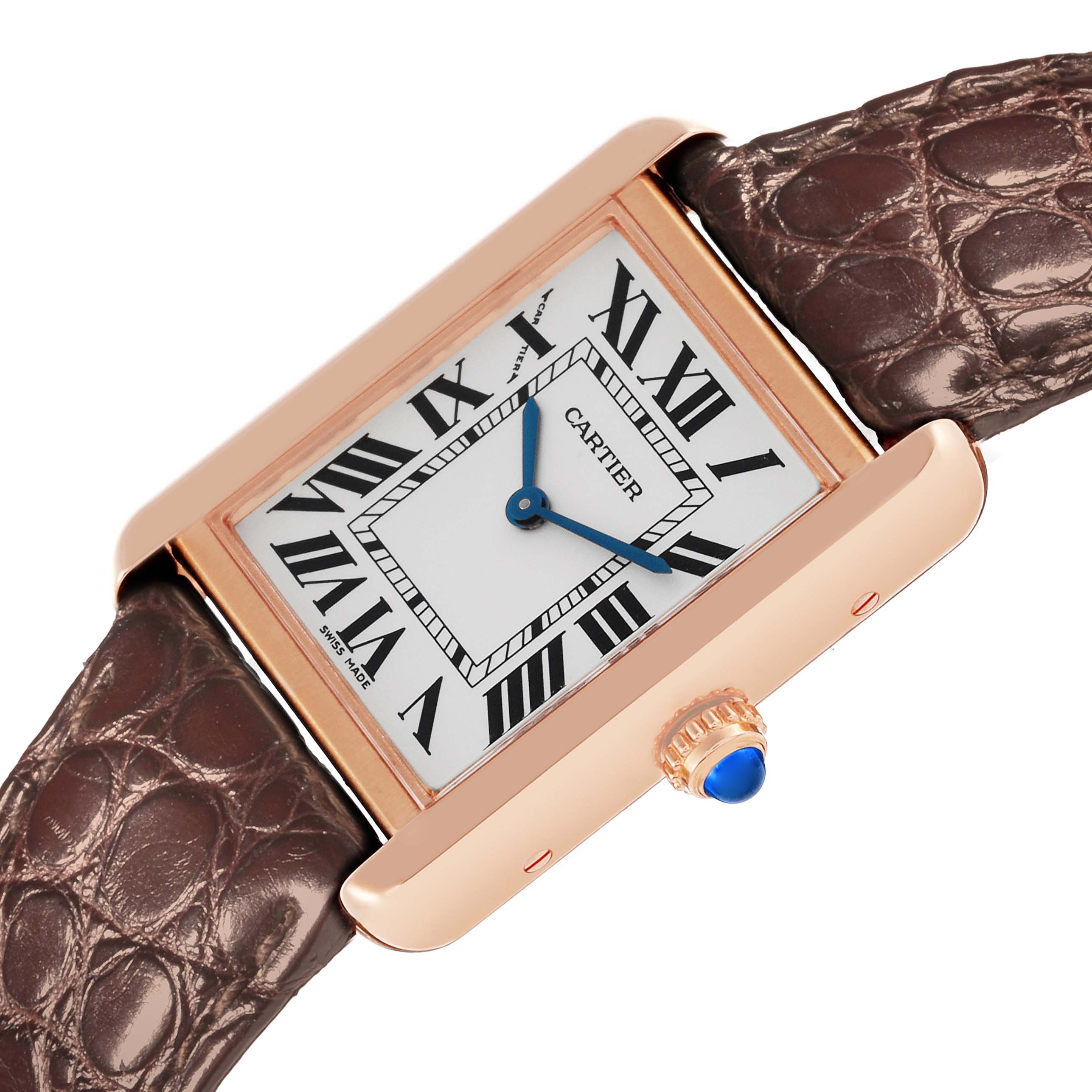 The Cartier Tank Solo W5200024 Women's Steel and Gold (two tone) Silver Dial W5200024 Women's Steel and Gold (two tone) Silver Dial watch is shown at an angled view, highlighting the rectangular face and brown leather strap.
