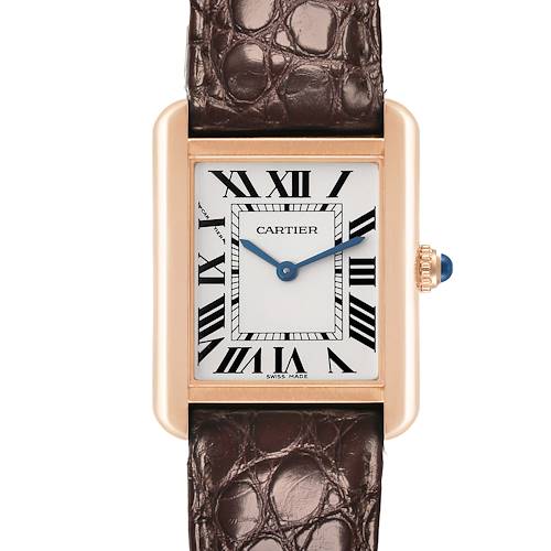 The Cartier Tank Solo watch is shown from the front, highlighting its rectangular face, Roman numerals, and leather strap.