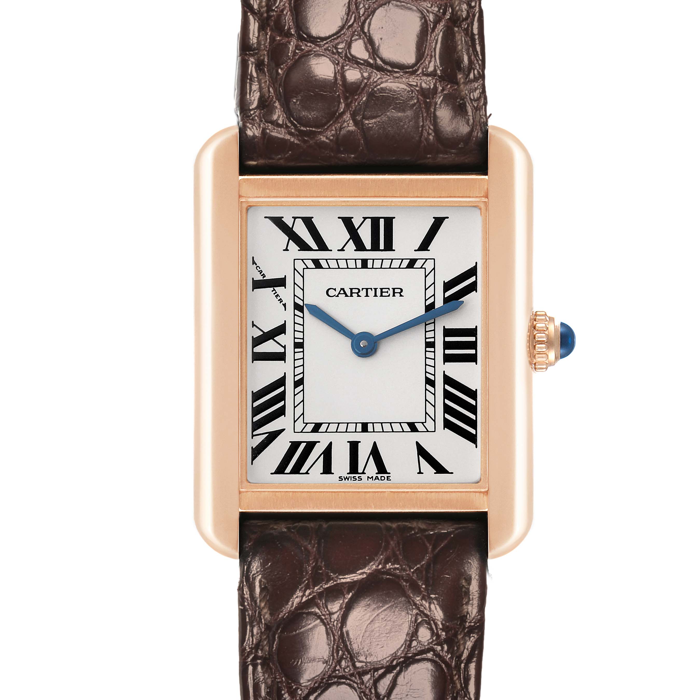 The Cartier Tank Solo W5200024 Women's Steel and Gold (two tone) Silver Dial W5200024 Women's Steel and Gold (two tone) Silver Dial watch is shown from the front, highlighting its face, Roman numerals, and leather strap.
