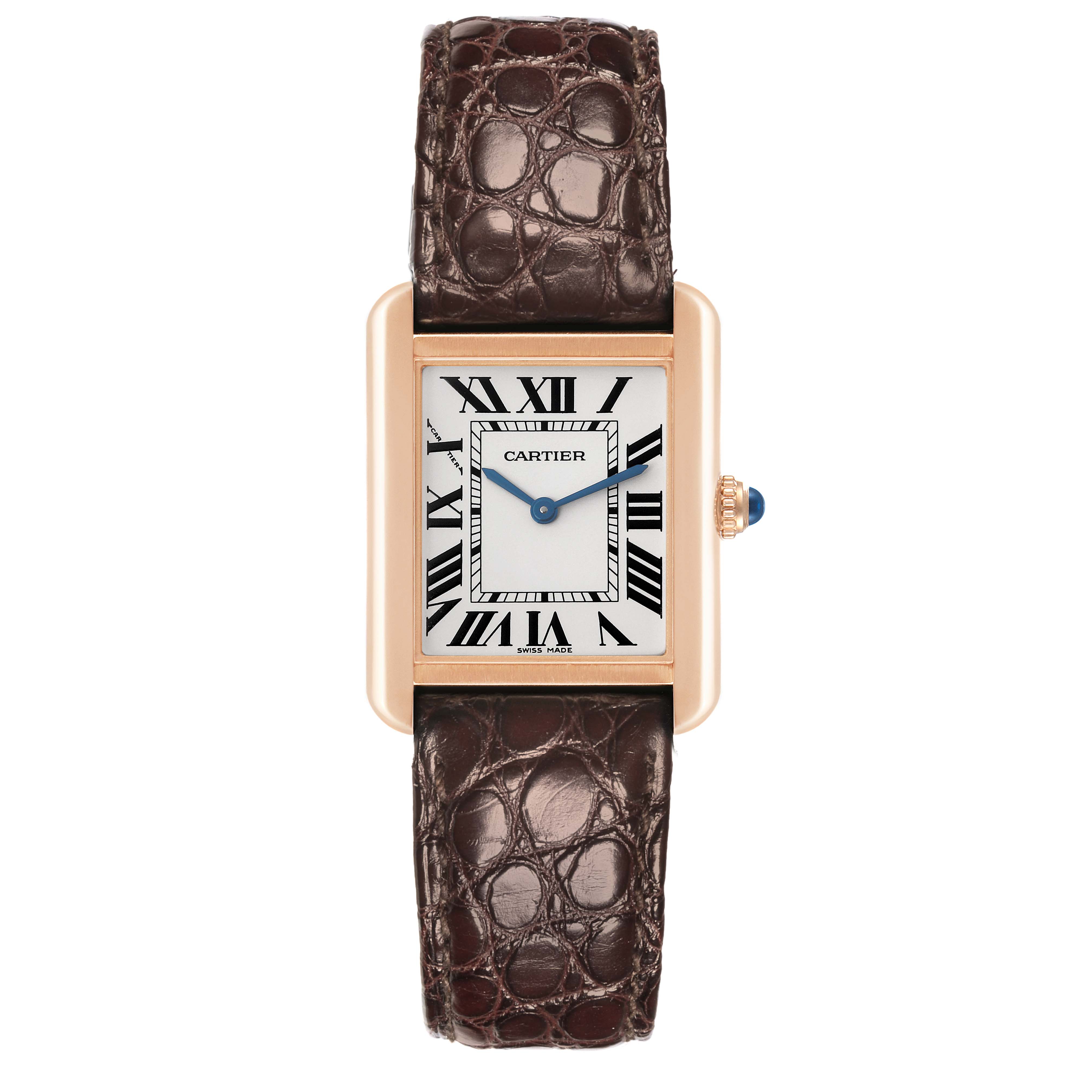 The Cartier Tank Solo W5200024 Women's Steel and Gold (two tone) Silver Dial W5200024 Women's Steel and Gold (two tone) Silver Dial watch is shown from a front angle, highlighting its rectangular face and leather strap.