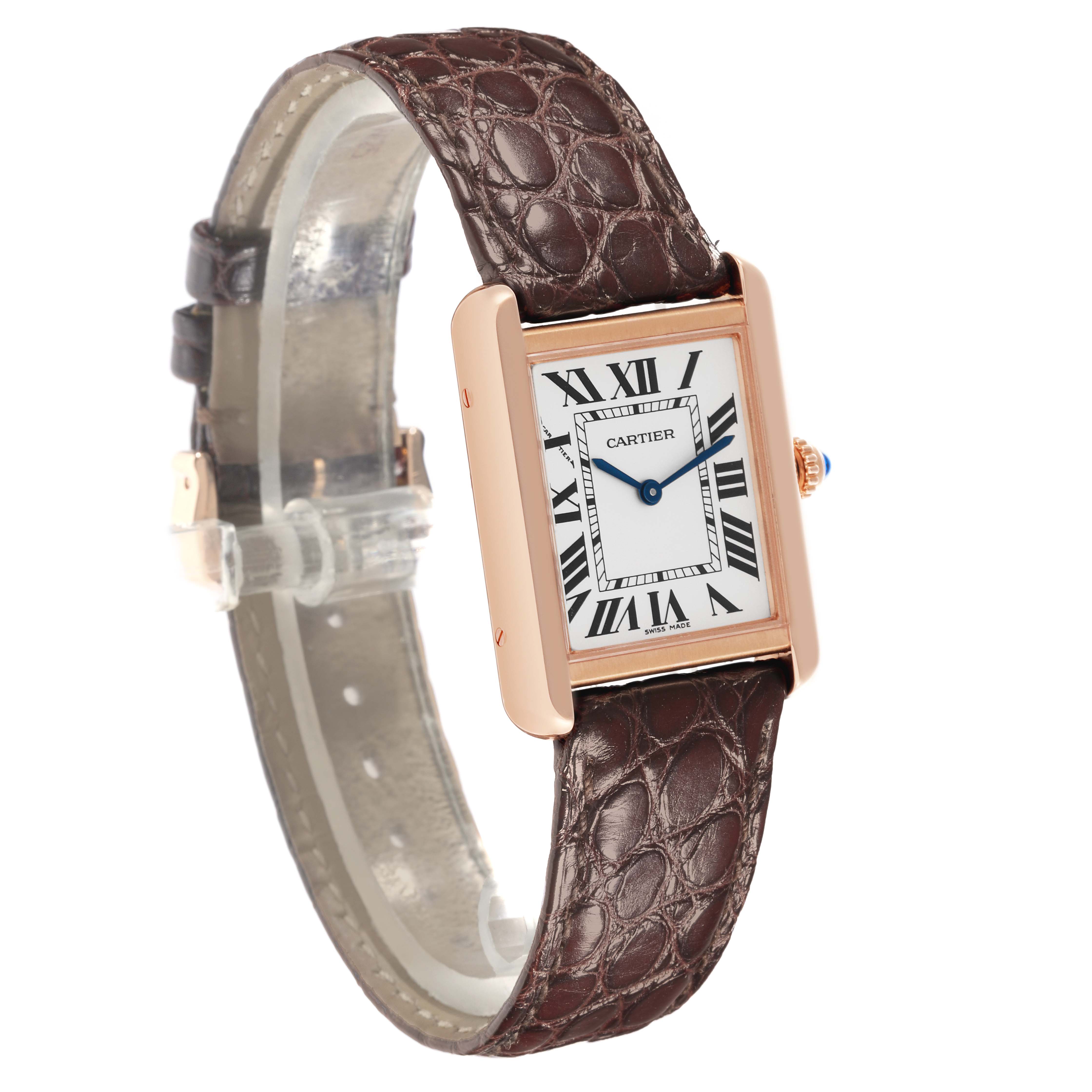 The Cartier Tank Solo W5200024 Women's Steel and Gold (two tone) Silver Dial W5200024 Women's Steel and Gold (two tone) Silver Dial watch is shown at a side angle, highlighting its rectangular face and brown leather strap.