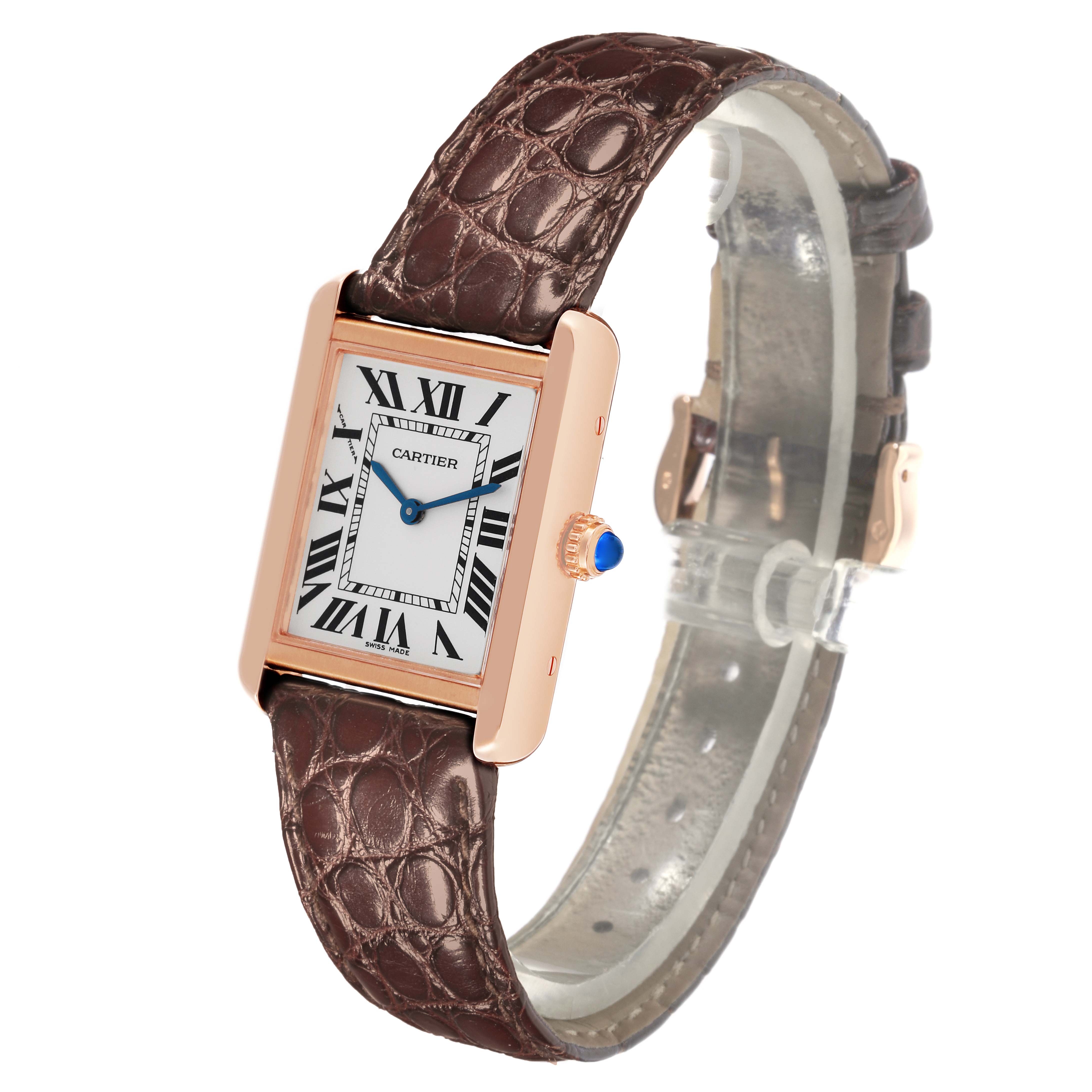 The Cartier Tank Solo W5200024 Women's Steel and Gold (two tone) Silver Dial W5200024 Women's Steel and Gold (two tone) Silver Dial watch is shown at an angled side view, highlighting its rectangular case and alligator leather strap.