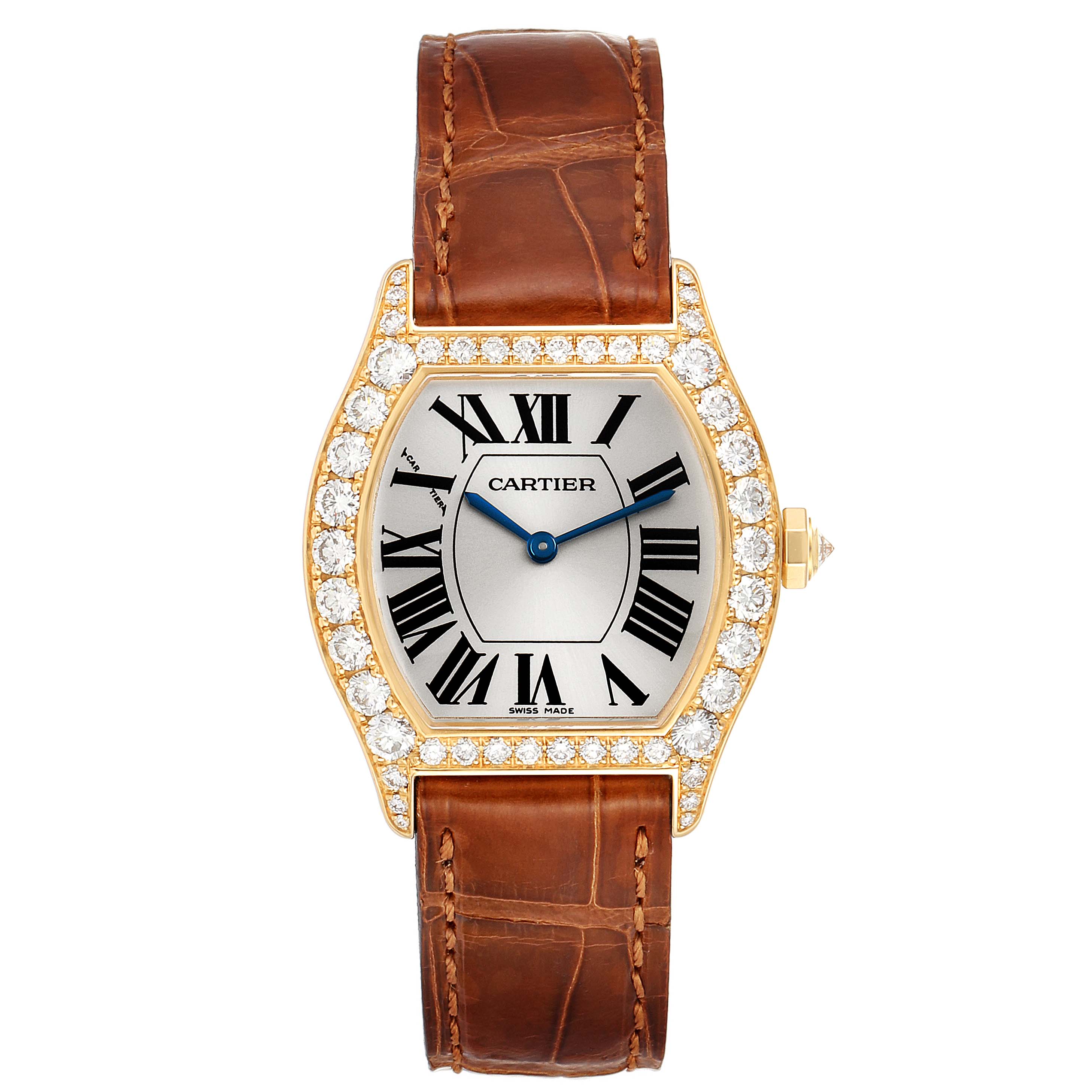This image shows a front view of the Cartier Tortue WA503751 Women's Yellow Gold Silver Dial WA503751 Women's Yellow Gold Silver Dial watch, highlighting its face, bezel with diamonds, and leather strap.