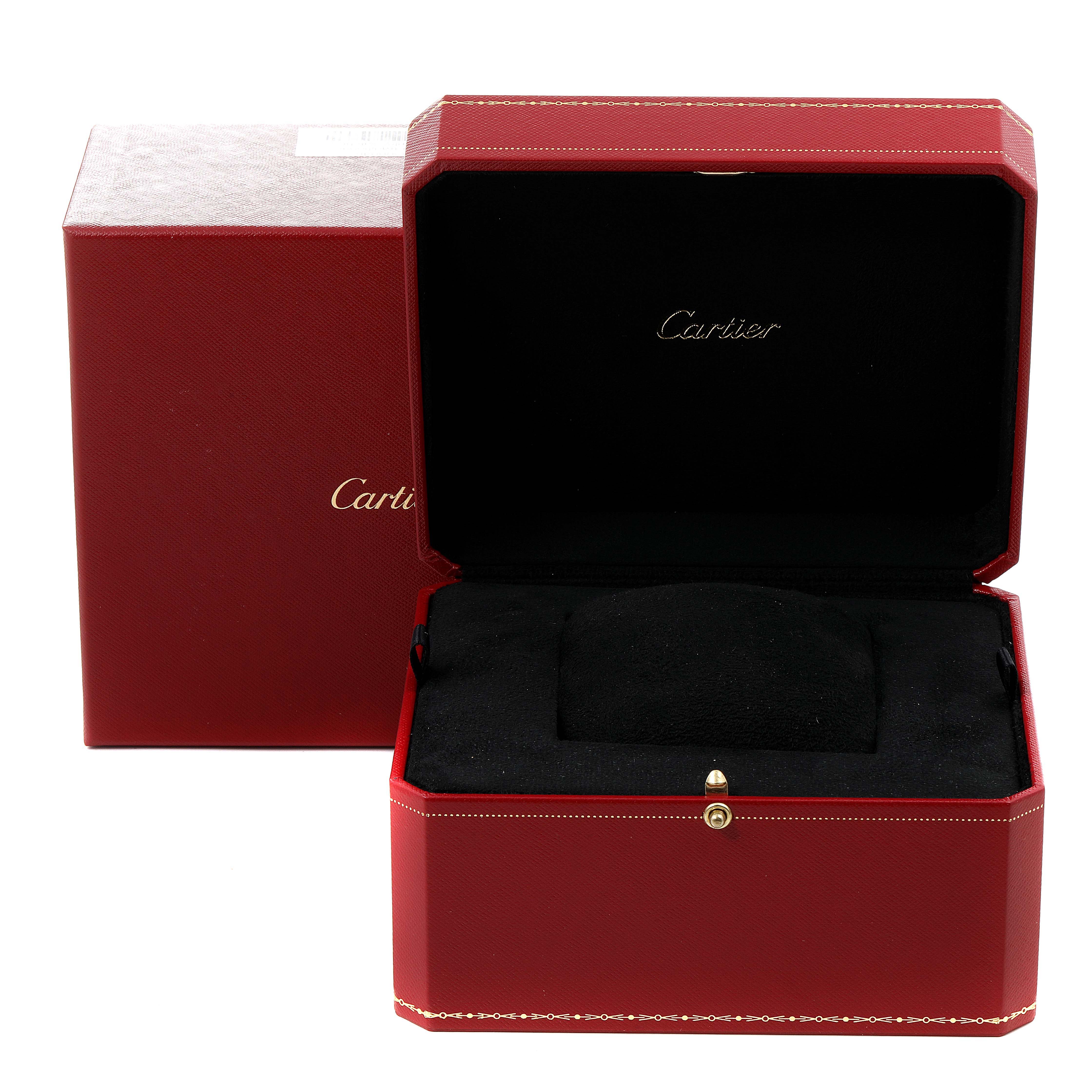 The image shows an open Cartier Tortue WA503751 Women's Yellow Gold Silver Dial WA503751 Women's Yellow Gold Silver Dial watch box, featuring a red exterior and black interior with the Cartier logo inside.