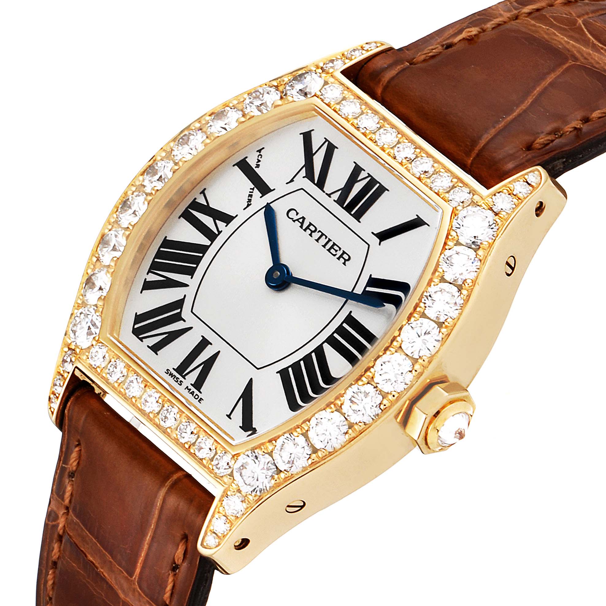 The image shows a close-up of a Cartier Tortue WA503751 Women's Yellow Gold Silver Dial WA503751 Women's Yellow Gold Silver Dial watch face and part of the brown leather strap at an angle.