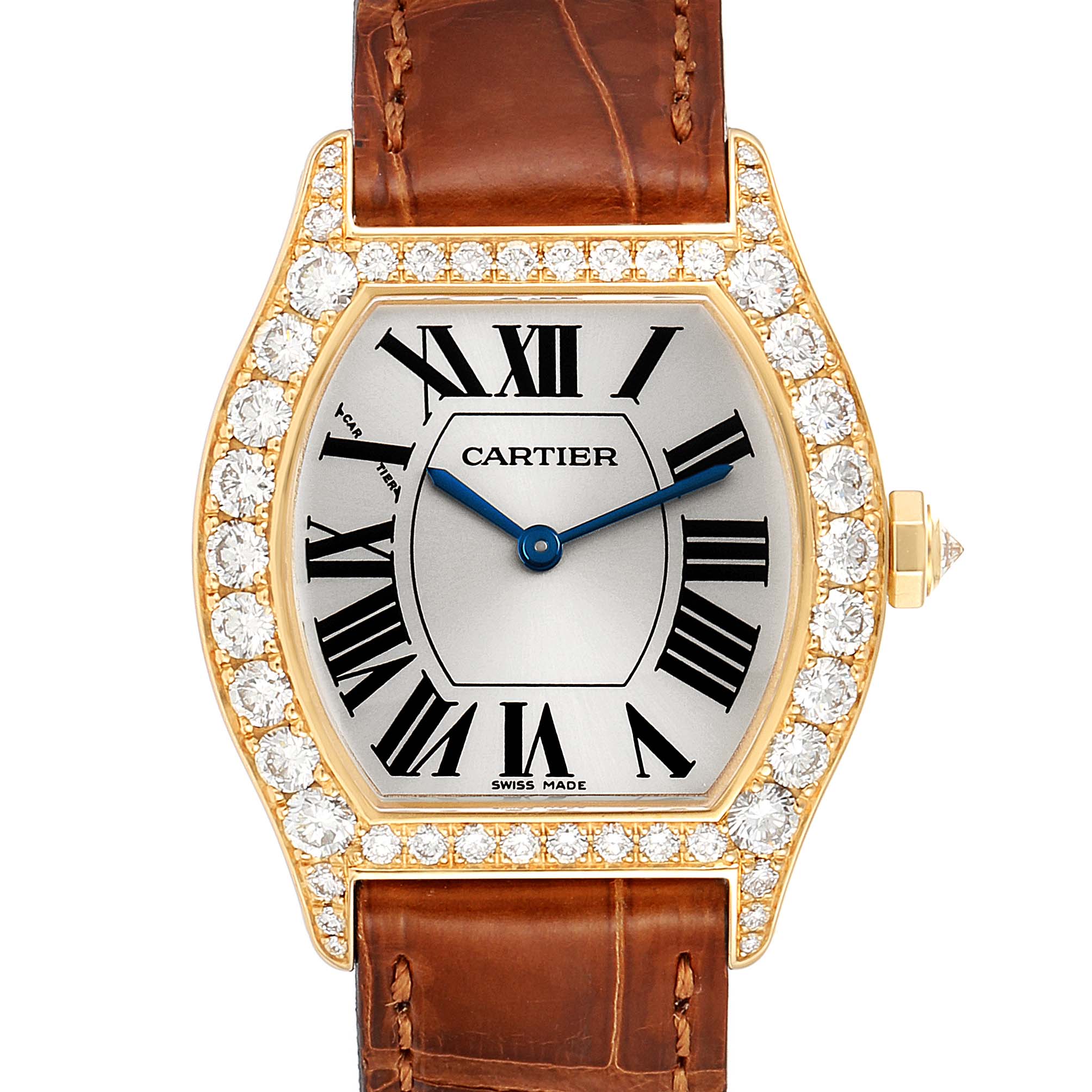 This image shows a front view of the Tortue model watch by Cartier with a diamond-studded bezel and a brown leather strap.
