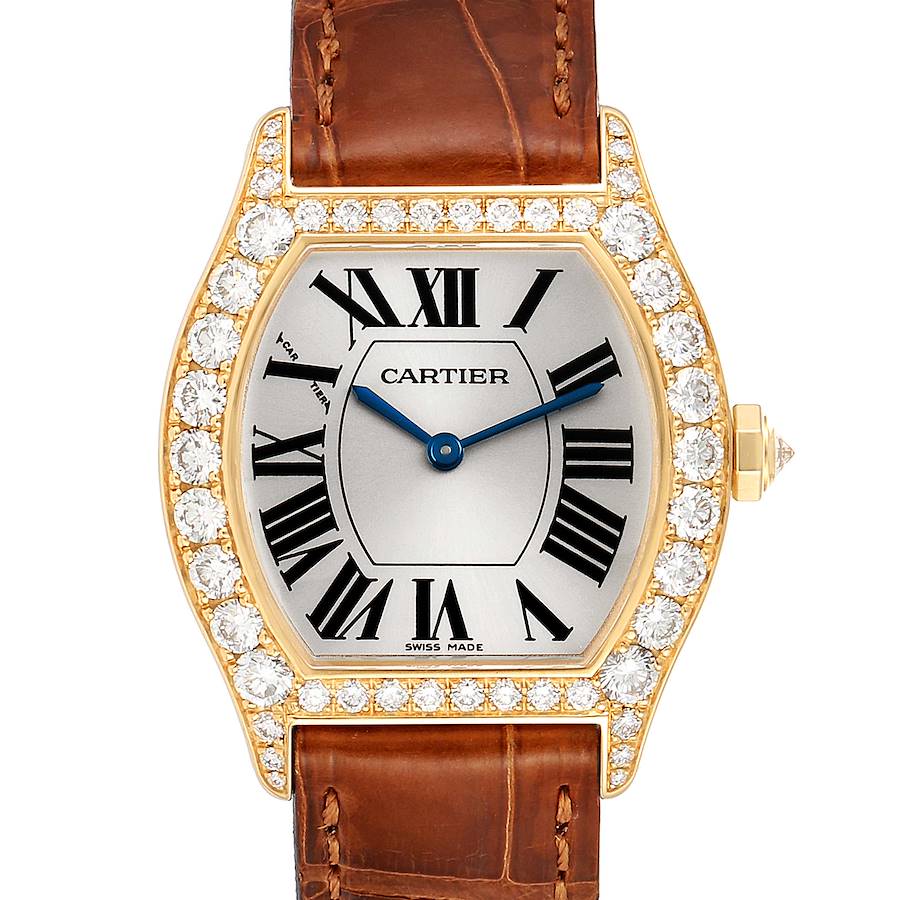 Cartier Tortue Yellow Gold Diamond Brown Strap Ladies Watch WA503751 SwissWatchExpo