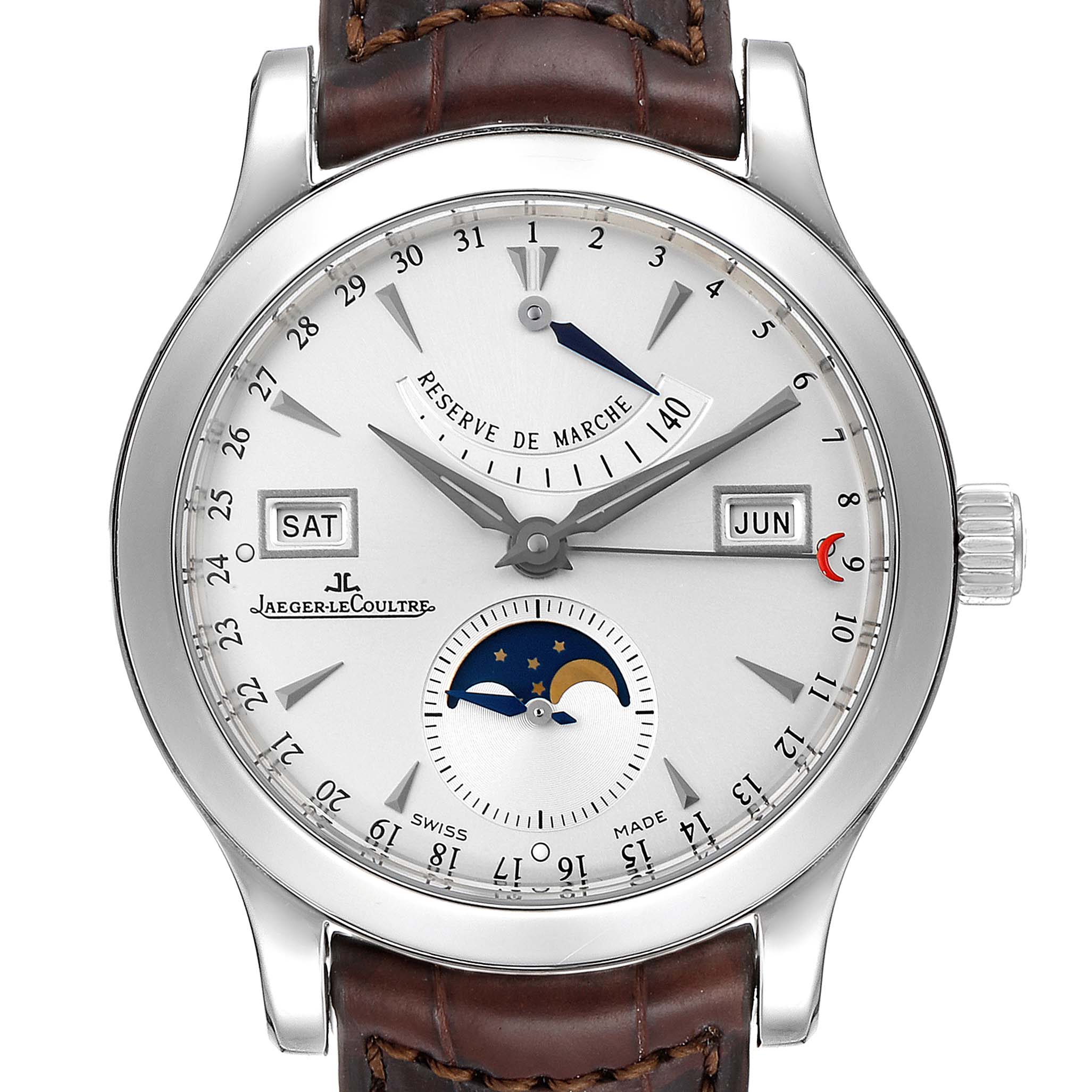 The image shows a front view of the Jaeger LeCoultre Master Q1558420 Men's Stainless Steel Silver Dial Q1558420 Men's Stainless Steel Silver Dial model watch, highlighting its dial and complications.