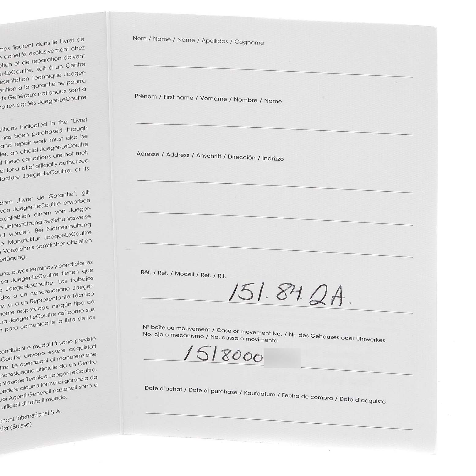 The image shows an open warranty booklet for a Jaeger-LeCoultre Master model with reference and case numbers visible.