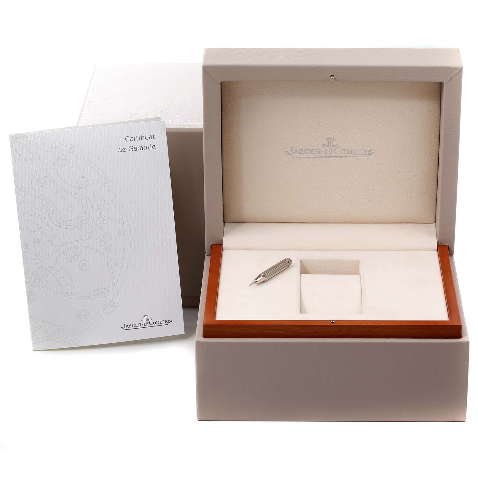 The image shows an open Jaeger-LeCoultre Master model watch box with a warranty certificate beside it.