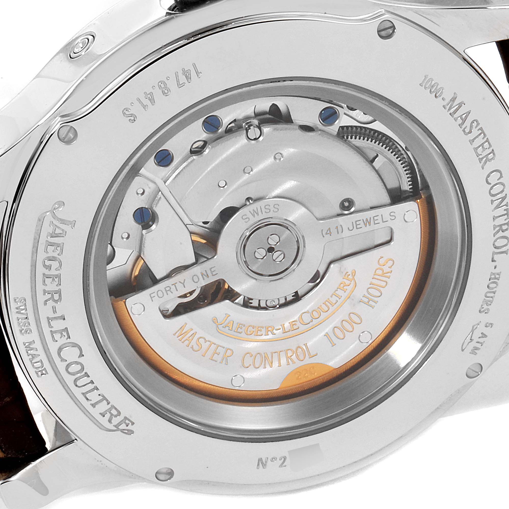 This image shows the back view of the Jaeger-LeCoultre Master model, highlighting the movement and "Master Control" inscription.
